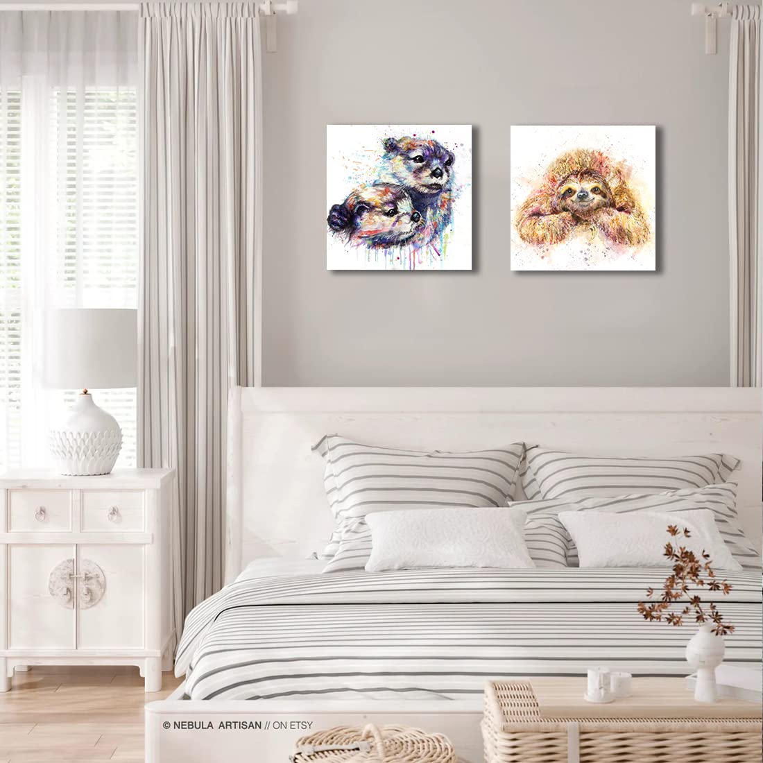 Animals Otter Wall Art Canvas Prints, Lovely Mother Otter Hug Baby Pictures Paintings, Framed Modern Watercolor Poster For Kids