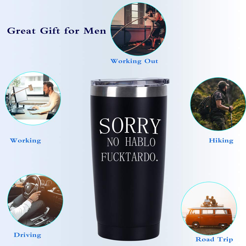 Sorry No Hablo Fuctardo Travel Tumbler, 20Oz Insulated Stainless Steel Tumbler With Lid And Straws, Funny Christmas Birthday Gif
