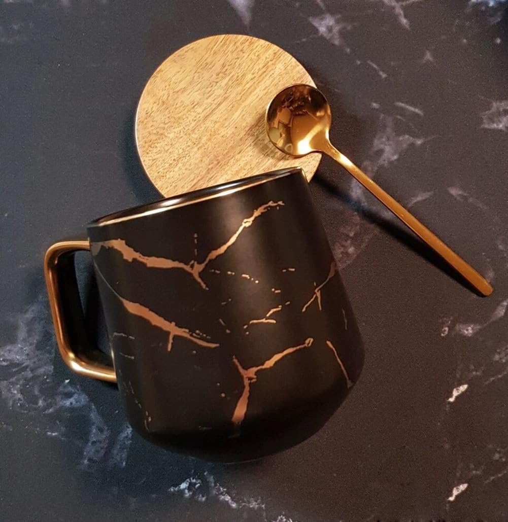 Eplze Ybk Tech Porcelain Tea Cup Coffee Mug Set For Afternoon Tea - Marble Pattern (Black, Tall 400Ml + Wood Lid)
