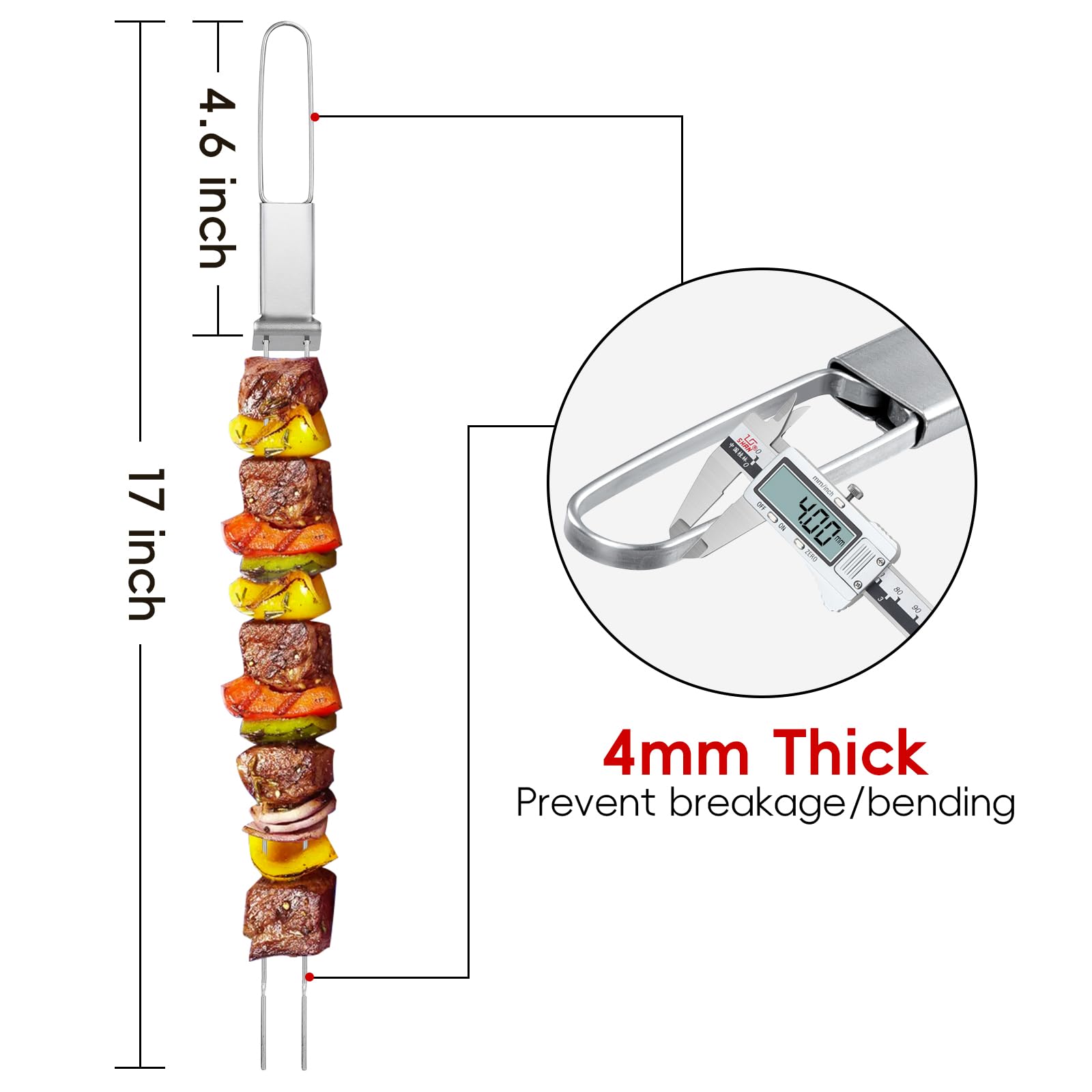 Lightique Kabob Skewers 17Inch Ultra Long Metal Skewers For Kabobs With Push Bar Skewers For Grilling Double Fork Anti-Roll Keba