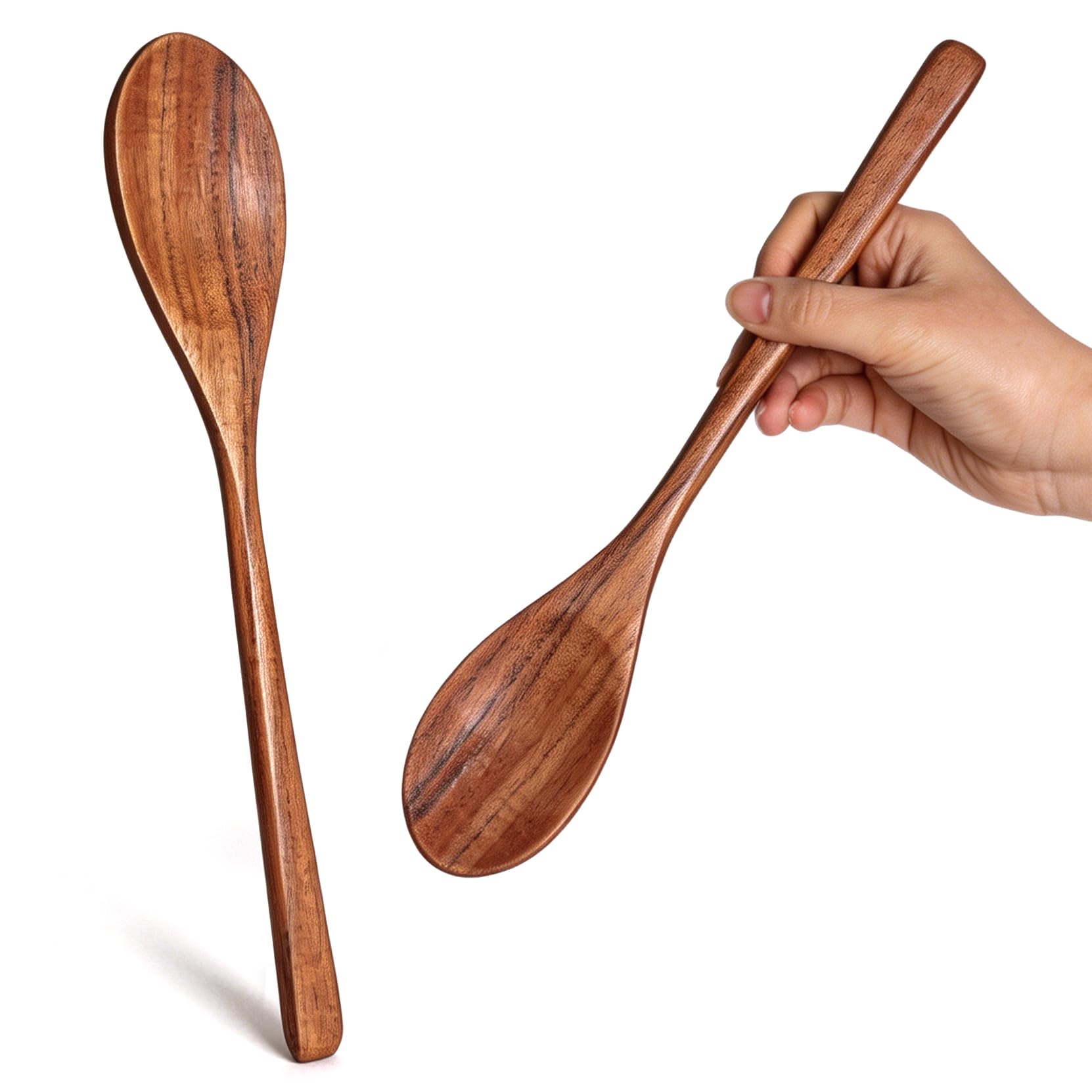 HANSGO Wooden Spoons for Cooking, 2PCS Acacia Wood Kitchen Utensil, 12Inch Wood Serving Spoons for Nonstick Pans, Comfort Grip, 