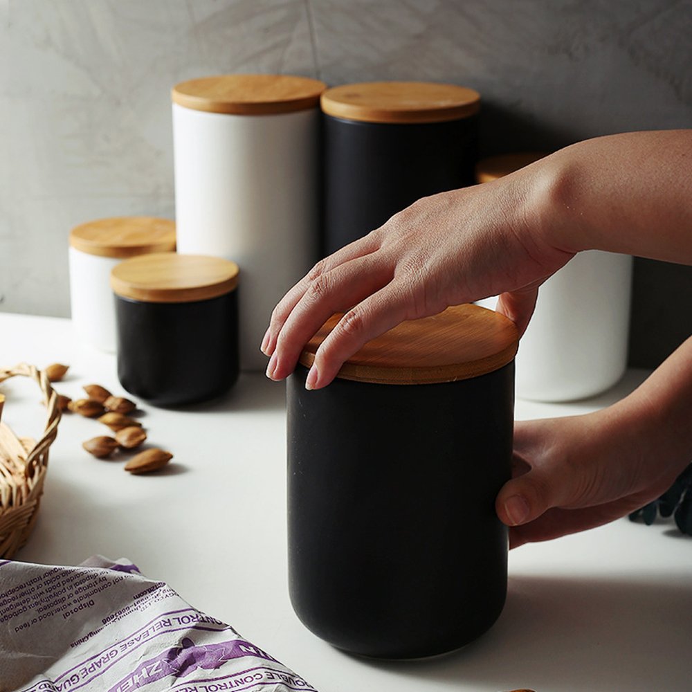 Onepine 800Ml/27 Oz Air Tight Jars Ceramic Storage Containers With Airtight Seal Bamboo Lids Kitchen Canisters For Tea Sugar Cof