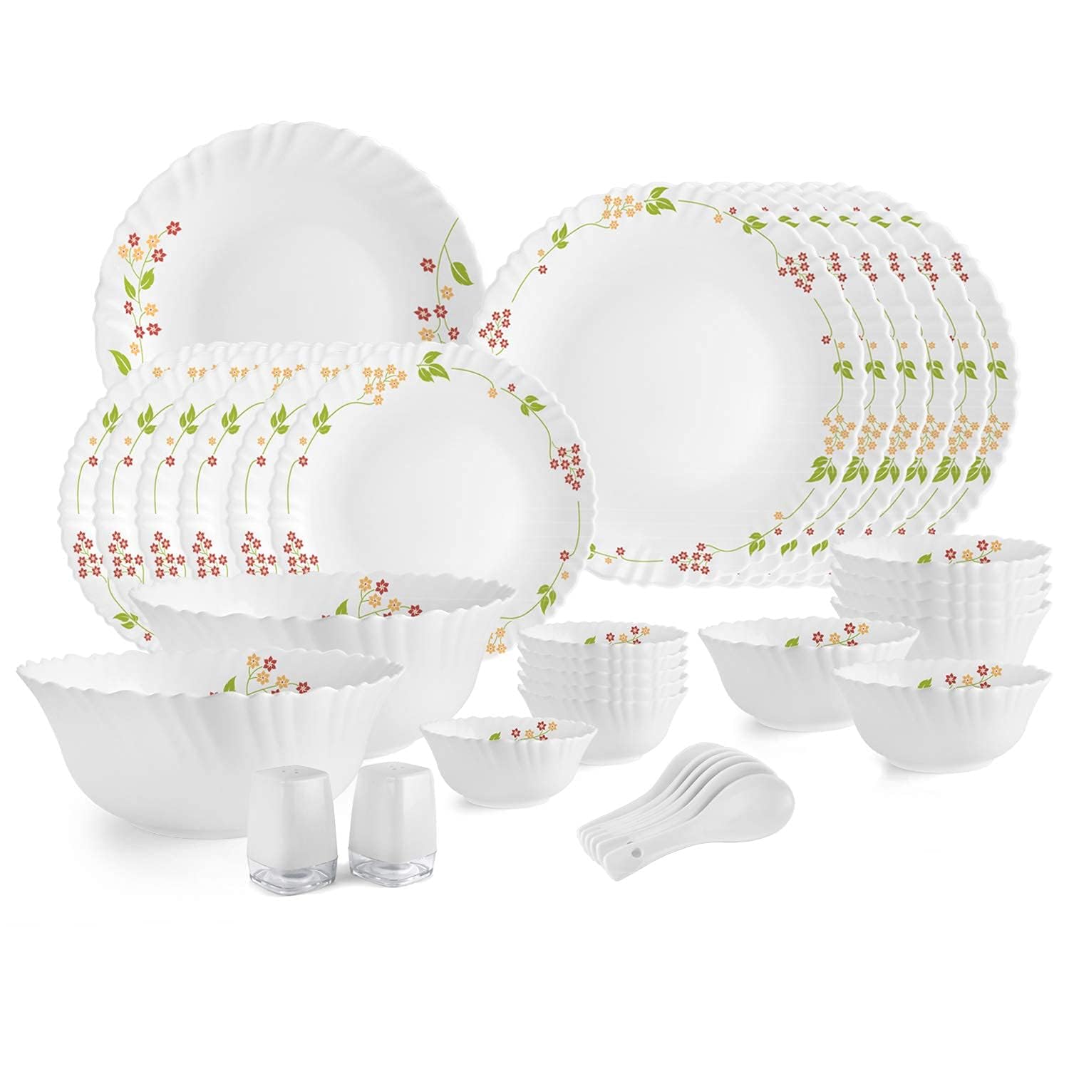 Cello Opalware Dazzle Series Secret Garden Dinner Set 35 Pieces Serving For 6 | Bone Ash-Free | Lightweight, Elegant White Plate