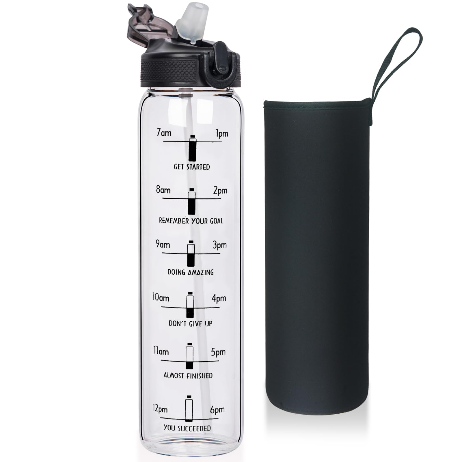 Reeho 32oz Sports Motivational Glass Water Bottle with Time Maker, Large Reusable Glass Drinking Bottle with Flip Lid and Sleeve