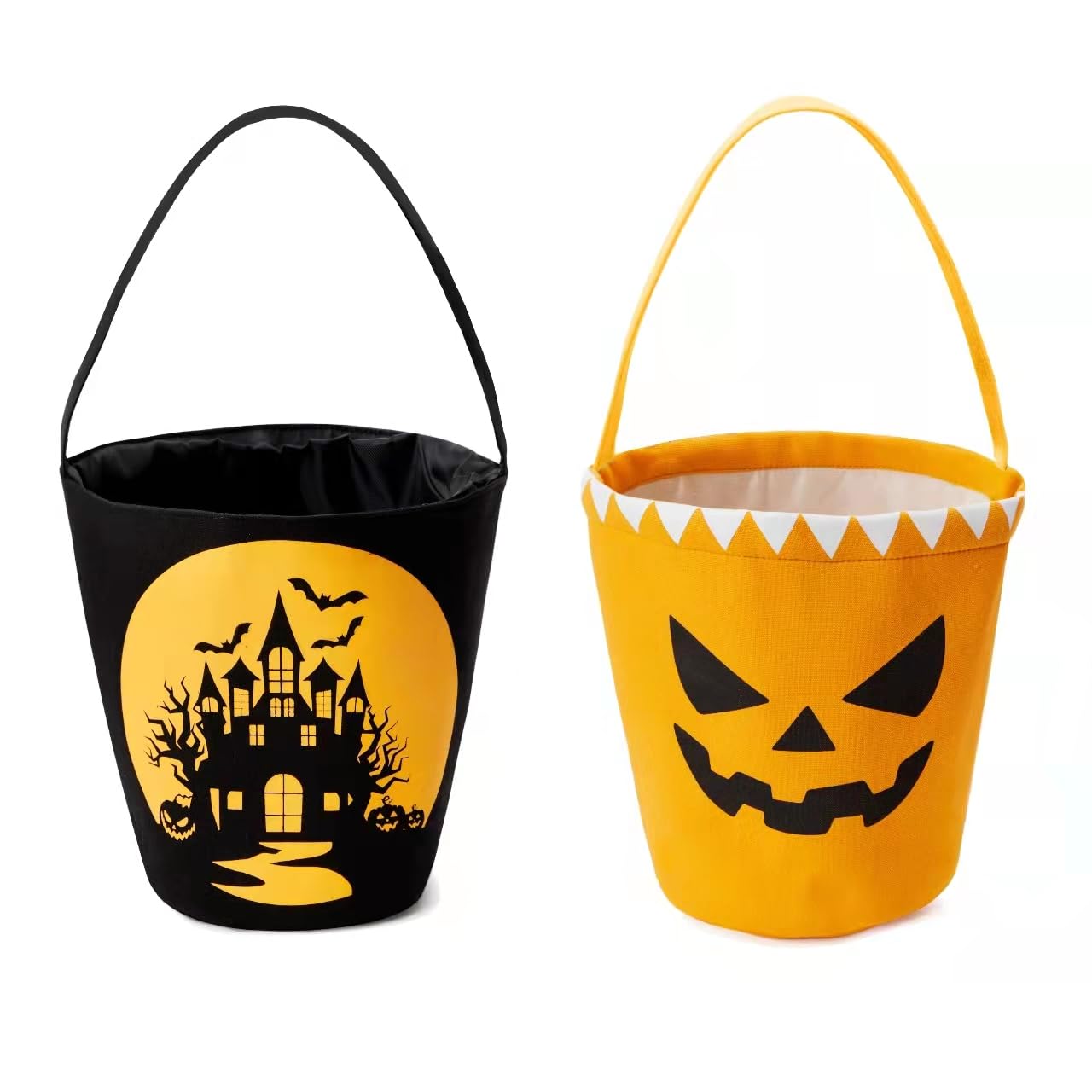 Ouksma 2 Pcs Canvas Halloween Trick or Treat Buckets Halloween Candy Snack Baskets Pumpkin Face Candy Holder with Handle for Hal