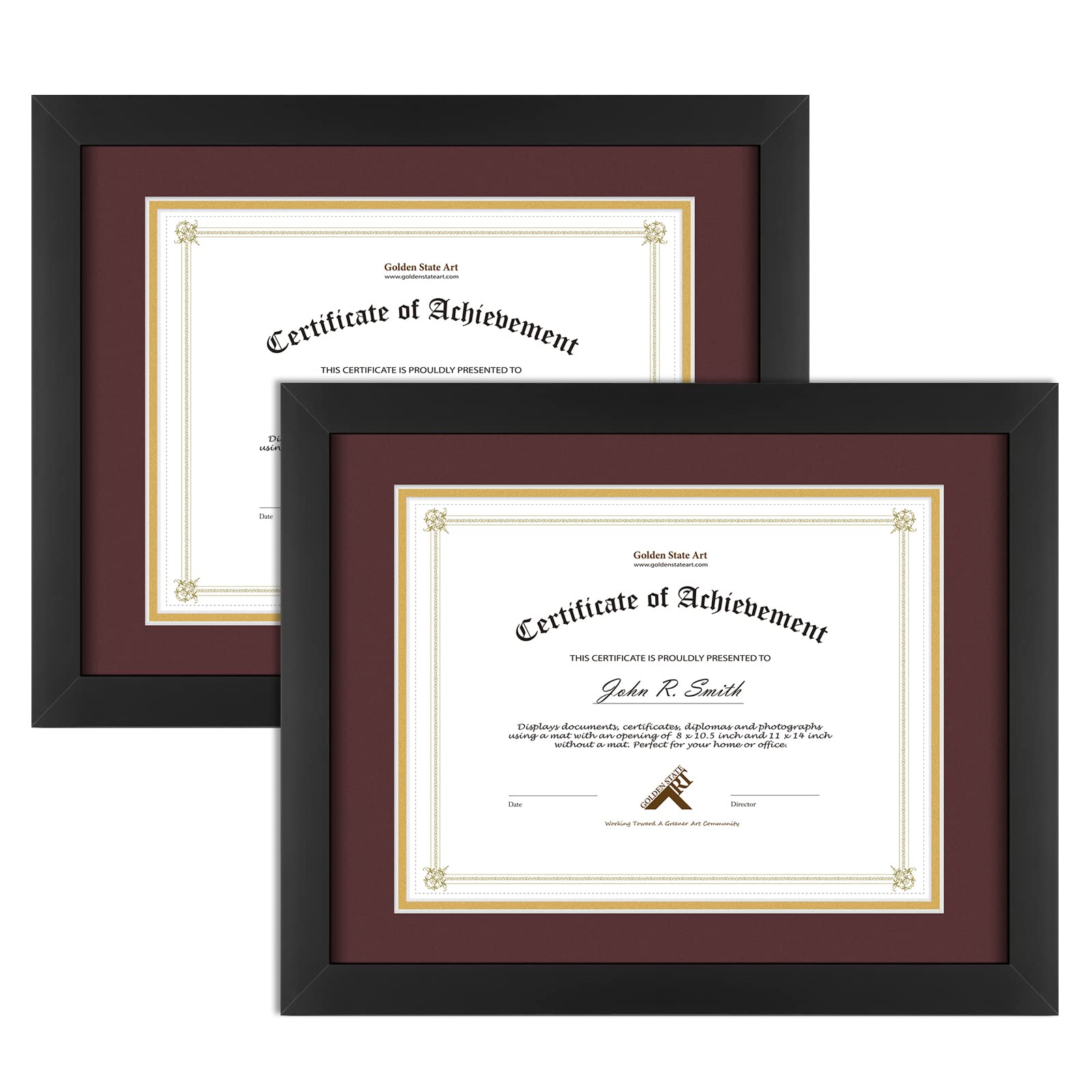 Golden State Art, 11x14 Diploma Frame for 8.5x11 Document & Certificates with Mat, Or 11x14 Without Mat, Real Glass, Double Mat(