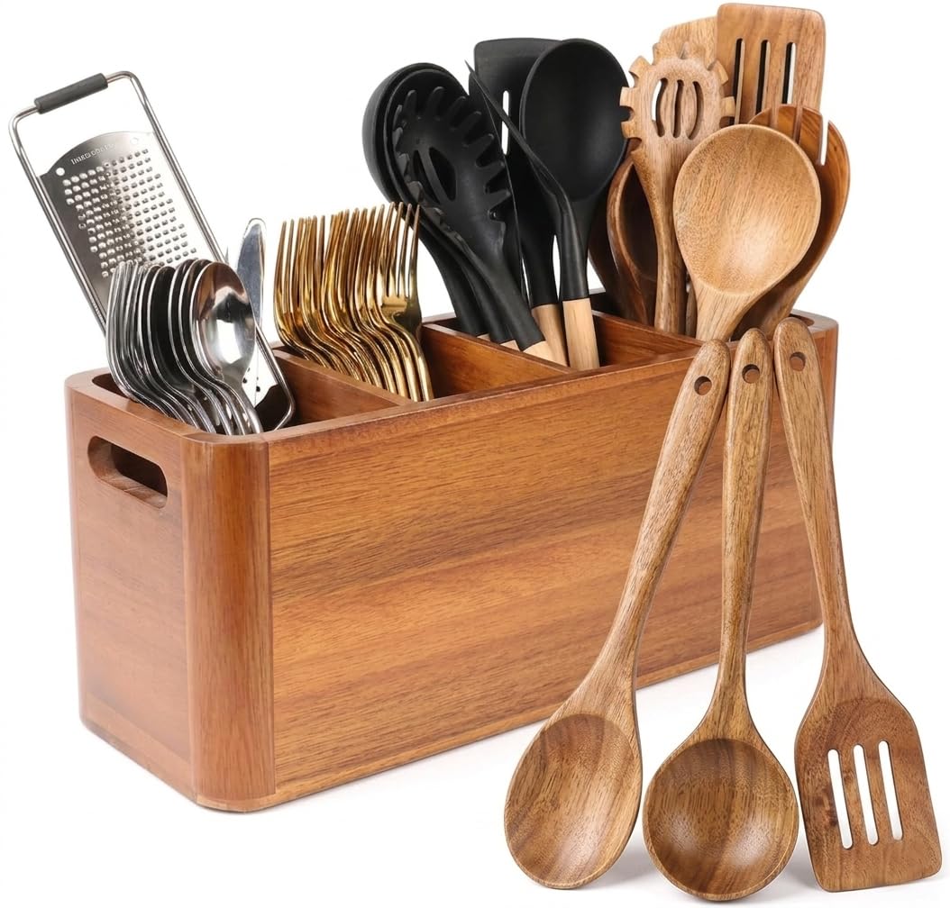 Kitchen Utensil Holder for Counter and Countertop, Acacia Utensil Organizer with 3 Pcs Wooden Spoon Set, Large Drying Holder for