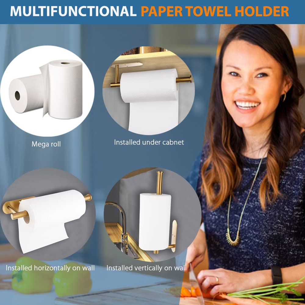 Self Adhesive Paper Towel Holder ?2021 Upgraded?- Under Cabinet Paper Towel Rack for Kitchen  SUS304 Brushed Stainless Steel  12 Inch Bar - Fits All Roll Sizes  No Drilling (Gold)