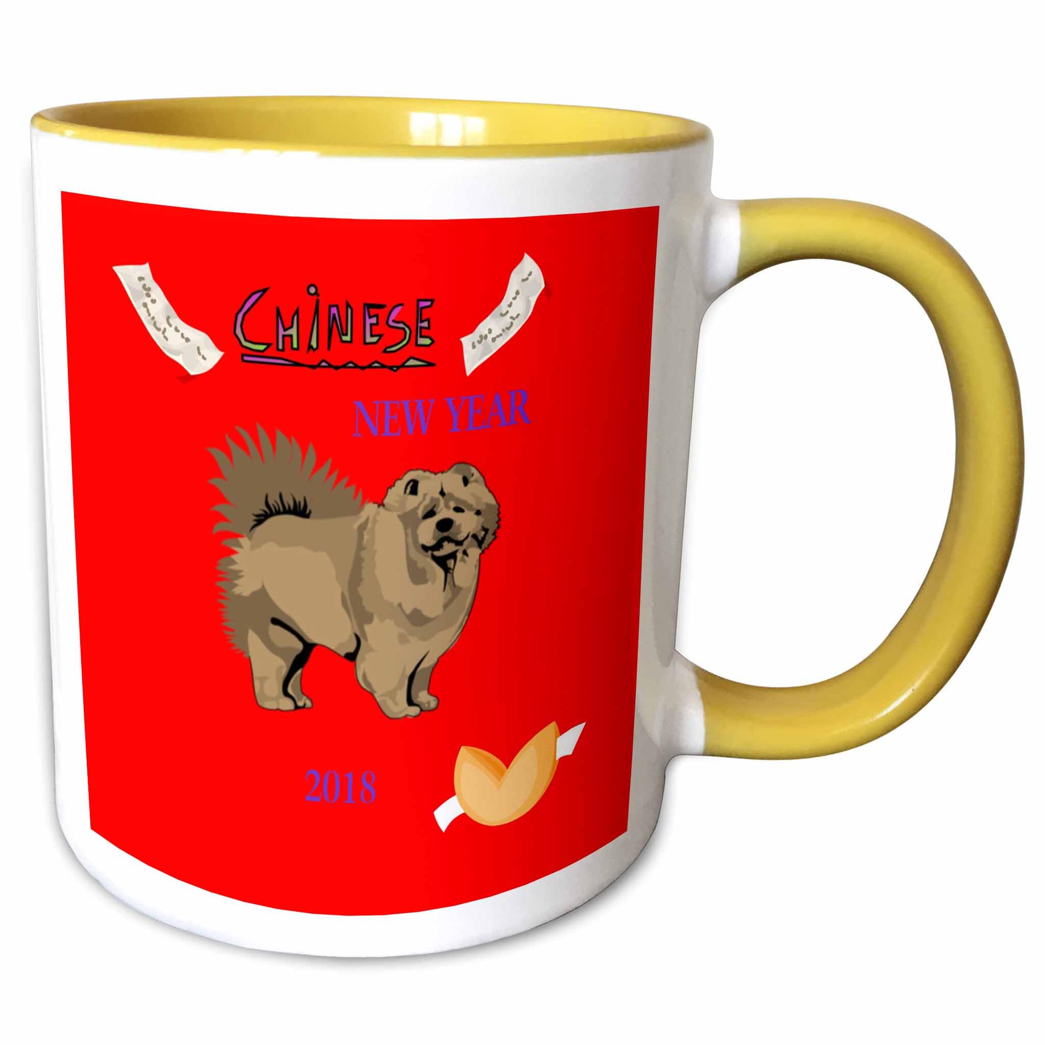 3dRose Image of Chinese New Year With Chow Dog and Fortune Cookie 11oz Two-Tone Yellow Mug