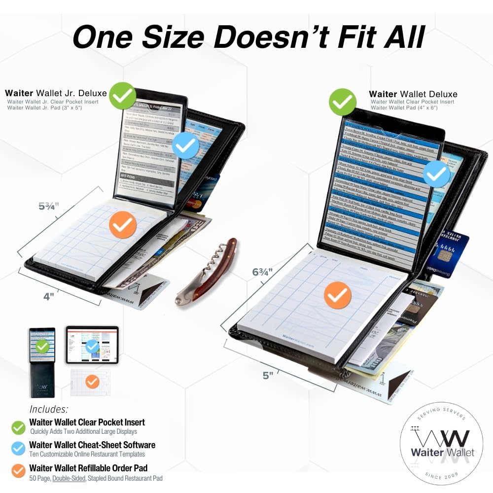 Waiter Wallet Deluxe Server Book Organizer with Clear Pocket Insert and Restaurant Guest Order Pad  Medium Size fits Apron Pockets  4.75'' x 6.75''