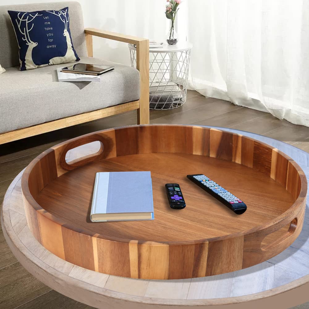 Round Wooden Serving Tray With Handles,20'' Large Diameter Wood Serving Trays For Ottoman,Rustic Acacia Wood Circle Tray For Eat