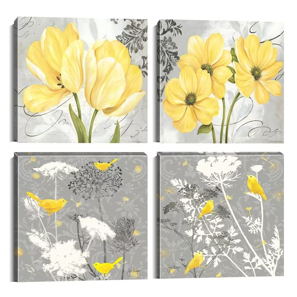 Wall Hdq Yellow Gray Wall Art Canvas Flowers Birds Wall Decor For Living Room Bathroom Abstract Modern Floral Large Posters Prin