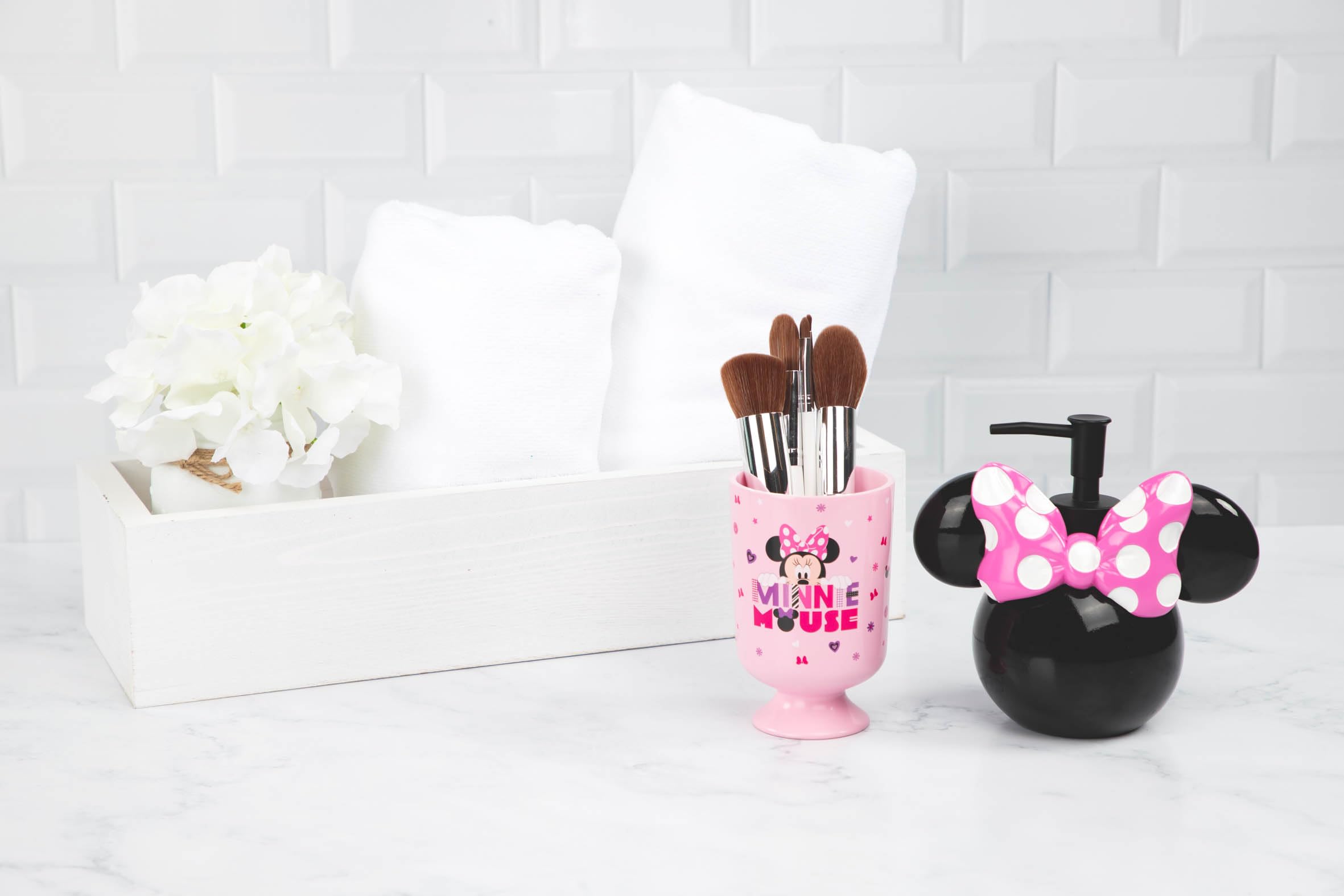 Jay Franco Disney Minnie Mouse 2 Piece Bathroom Set - Pink & Black Soap Dispenser & Tumbler Set - Kids Resin Bathroom Accessories
