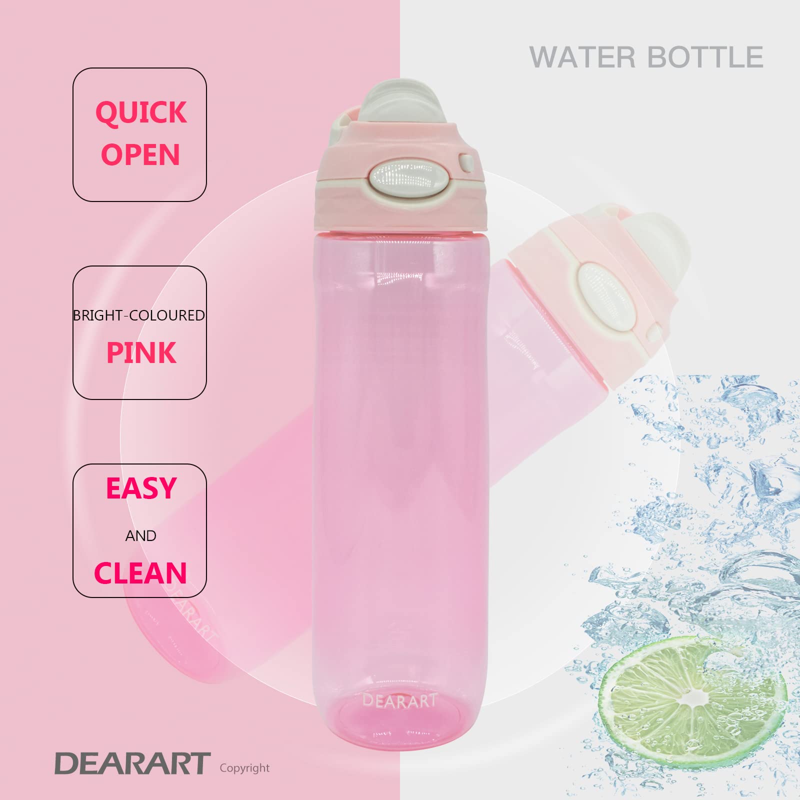 Dearart 26Oz Pink Water Bottle No Straw, Clear Bottles With Lock 100% Leak Proof Bpa Free, Easy Clean Carried Suit Yoga Gym Trav