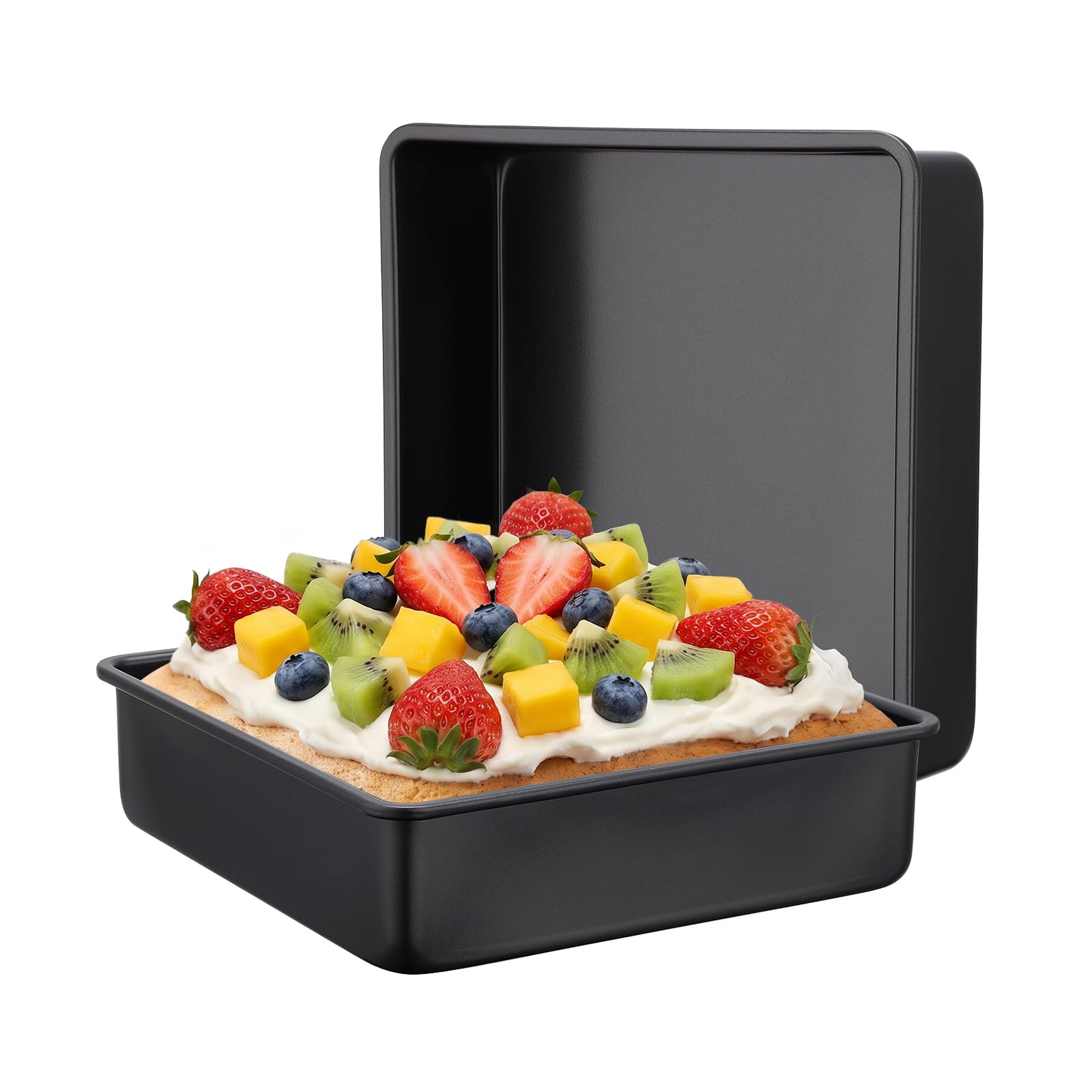 Beasea 7in Square Cake Pans Set of 2, 7.5x7.5x2 Inch Black Carbon Steel Small Square Cake Baking Pans, Heavy Duty Nonstick Bakin