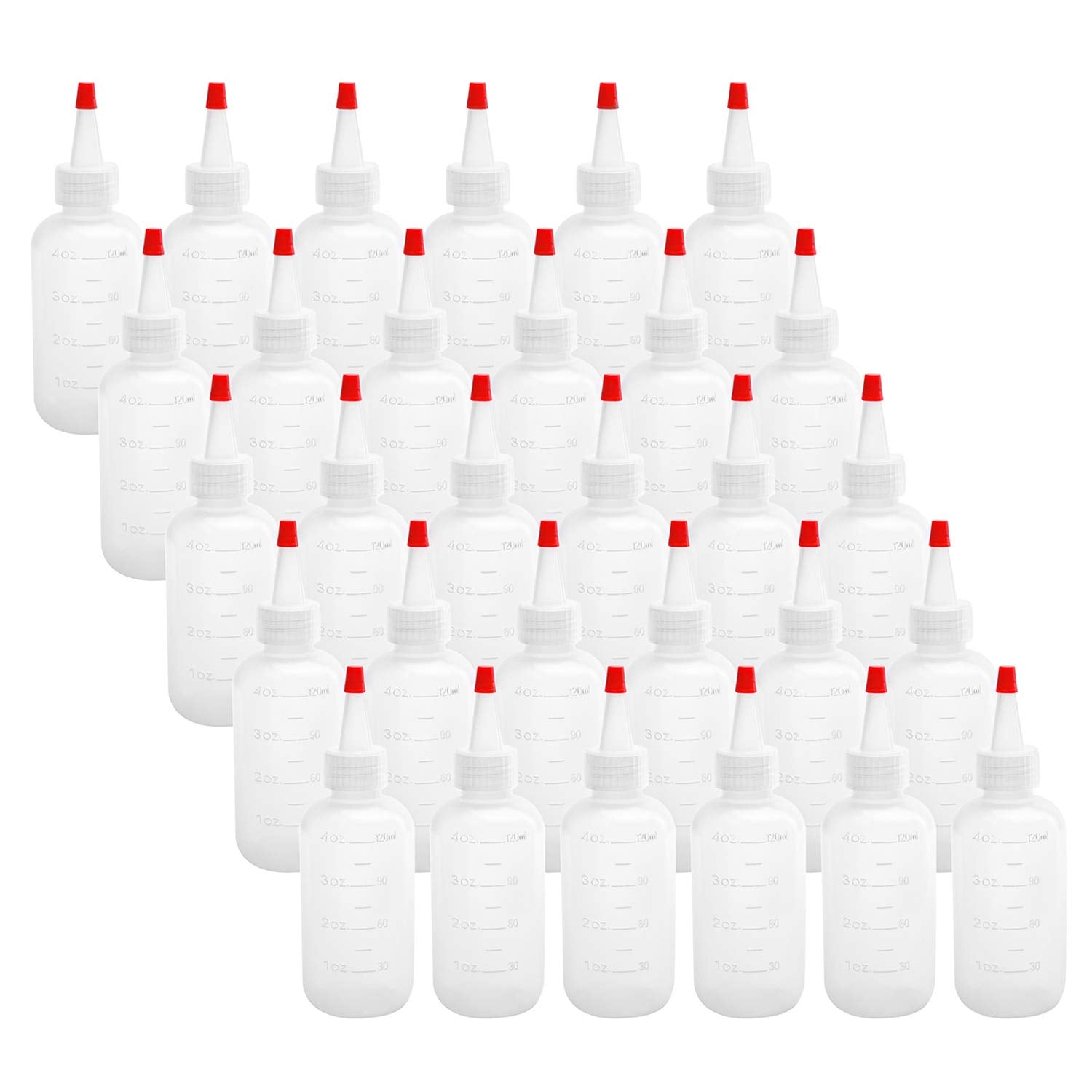 Hedume 30 Pack 4-Ounce Plastic Squeeze Bottles With Red Tip Cap And Measurement - Bpa-Free, Latex-Free, Food-Grade - Good For Cr