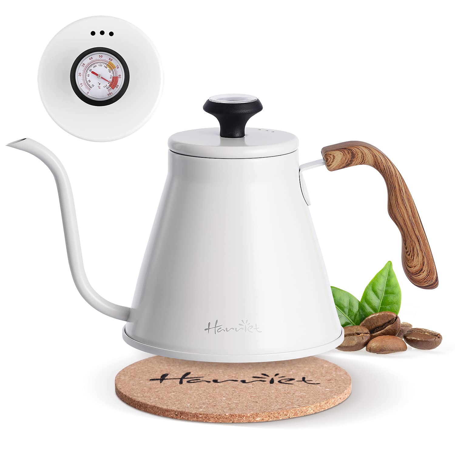 harriet Gooseneck Kettle for Stove Top, 37oz (1.1L) Stainless Steel Pour Over Coffee Kettle with Thermometer, Anti-Hot Handle, F
