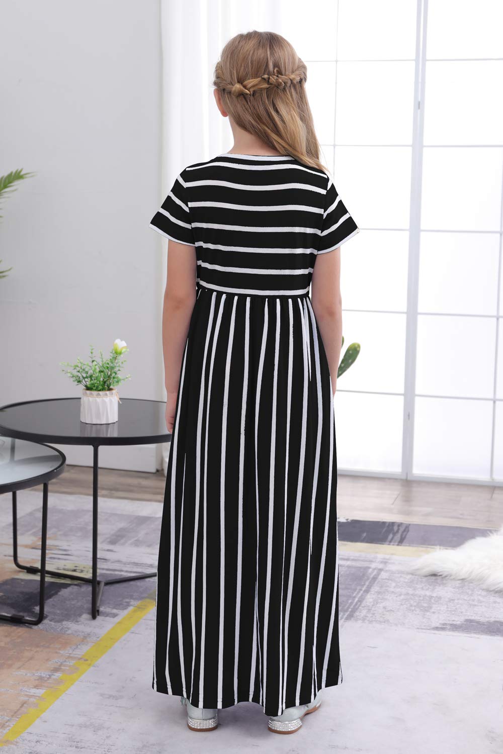 Gorlya Girls Short Sleeve Floral Print Loose Casual Holiday Long Maxi Dress With Pockets 4-12 Years (9-10Yearsheight:140Cm, Blac