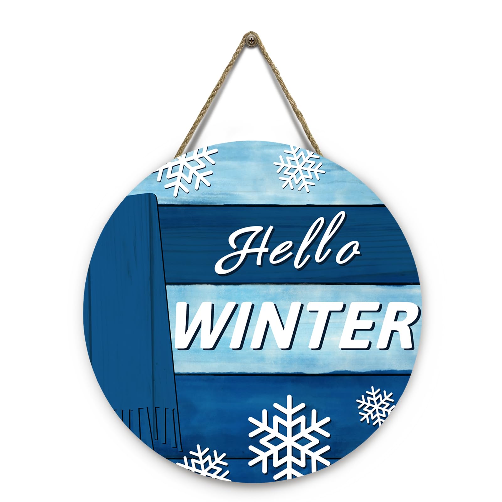 Dacawin Hello Winter Door Sign for Front Door Blue Snowflakes Scarf Door Hanger Winter Wooden Porch Wall Hanging Sign for Home O