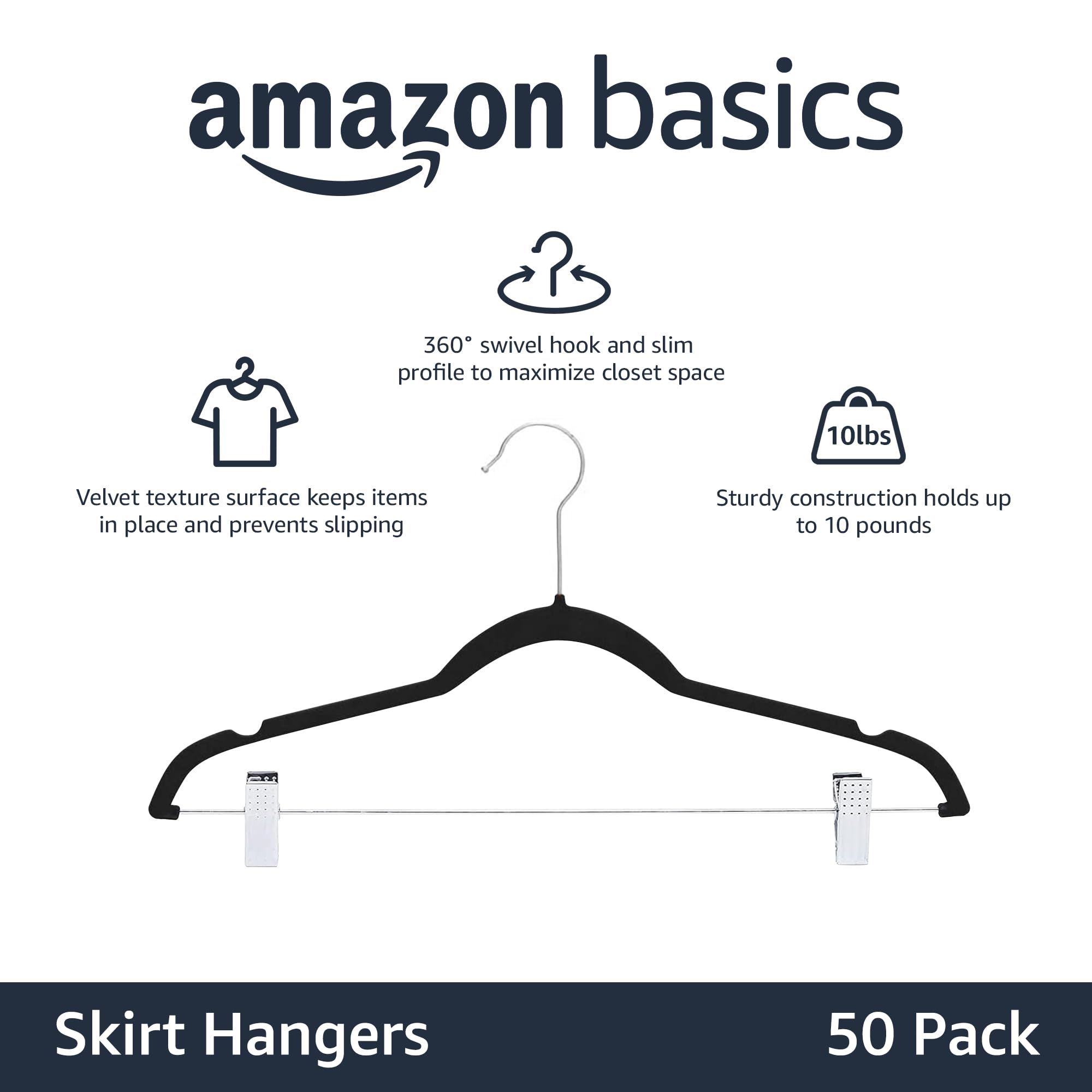Amazon Basics Velvet, Non-Slip Skirt Clothes Hangers With Clips, Pack Of 50, Black/Silver