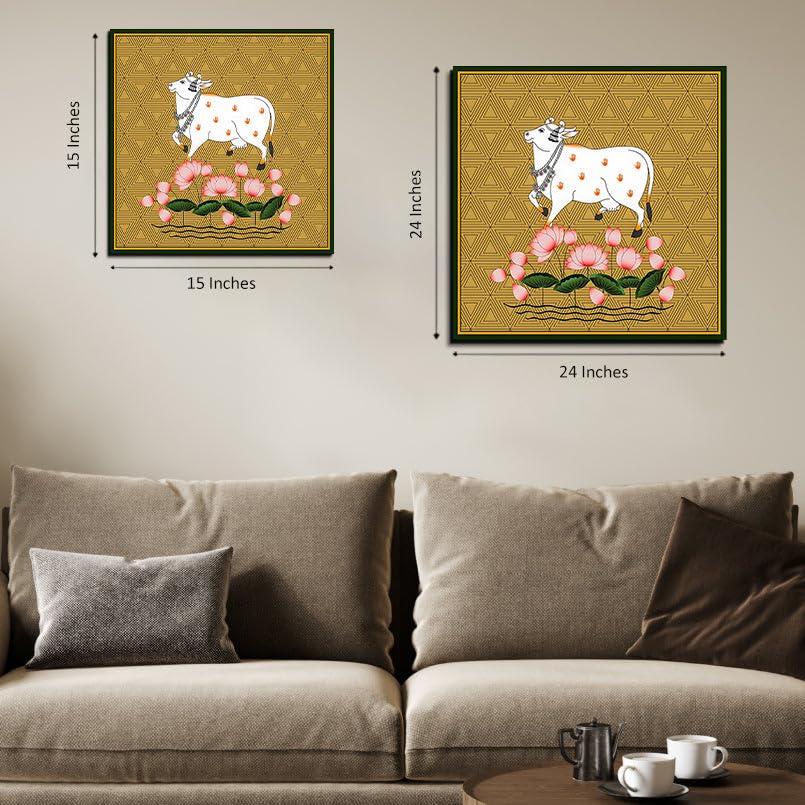 Chalk My Theme Sacred Cow Pichwai Wood Print Wall Art Gold Home Decor, Living Room, Bedroom, Cafe, Room Painting For Wall Decora
