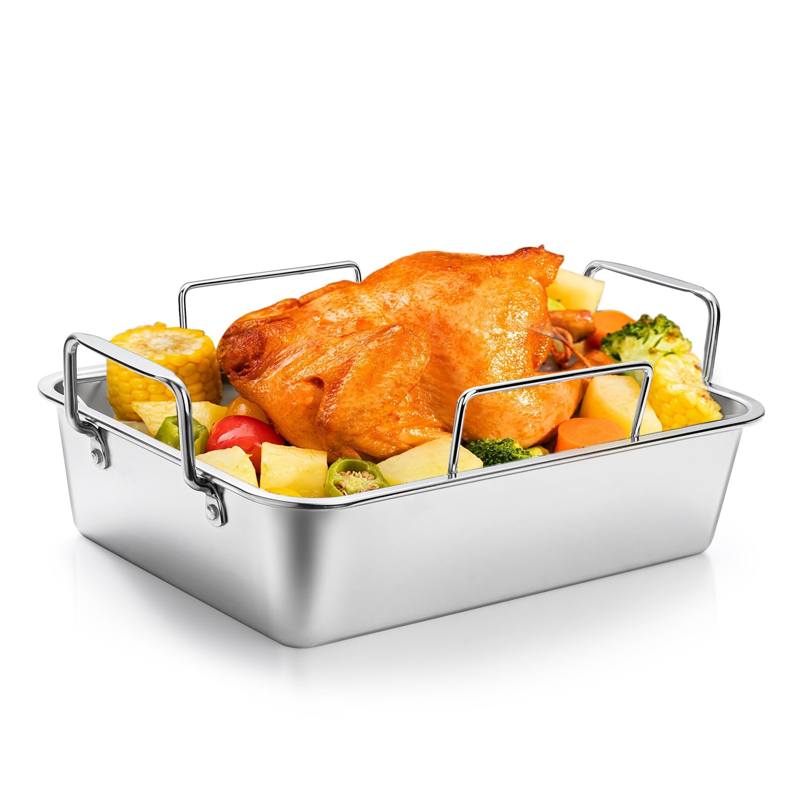 Roasting Pan, 14*10 Inch Stainless Steel Turkey Roaster With Rack - Deep Broiling Pan & V-Shaped Rack & Flat Rack, Non-Toxic & H