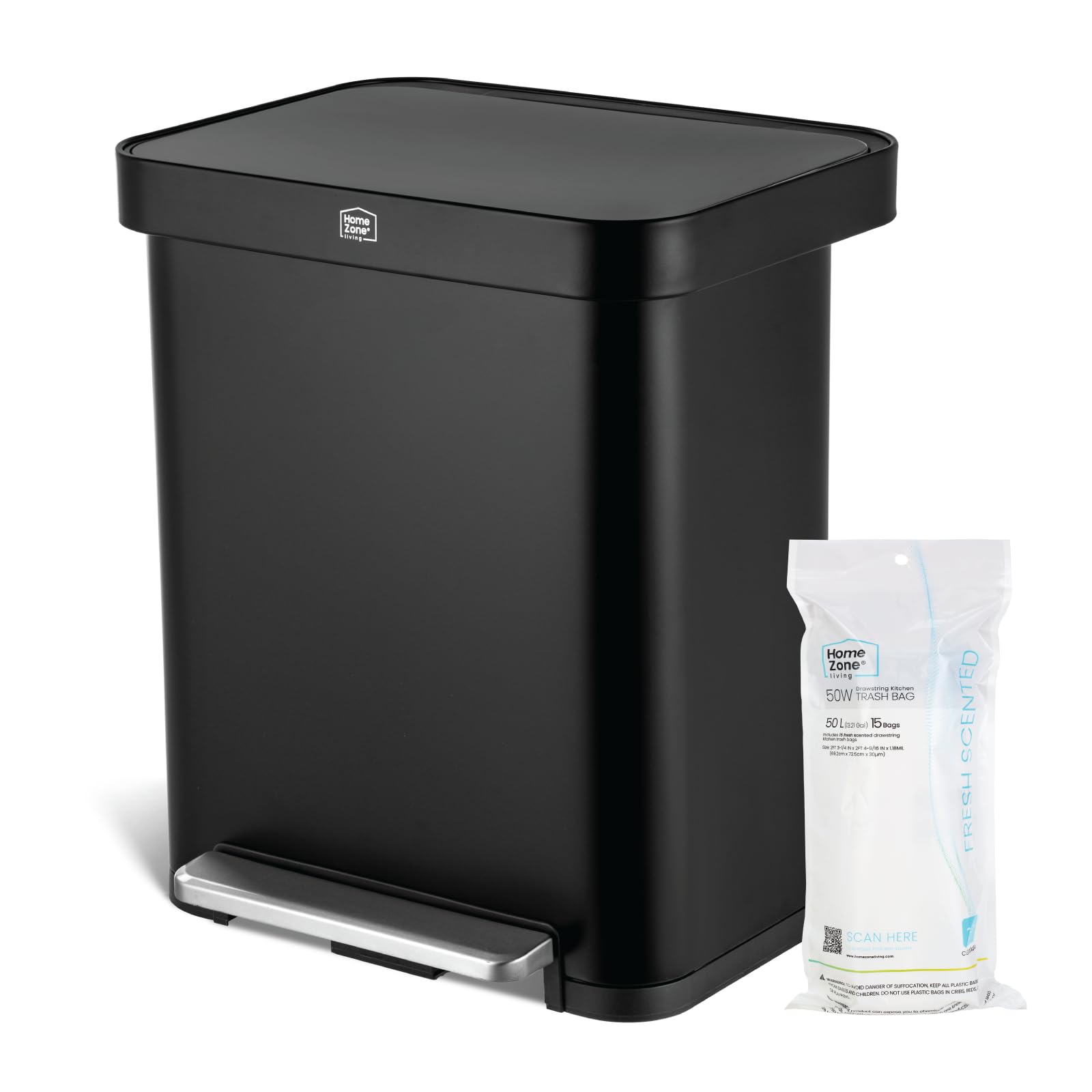 Home Zone Living 13 Gallon Stainless Steel Kitchen Trash Can With Slow Closing Lid And Wide Opening, Virtuoso Collection, Black