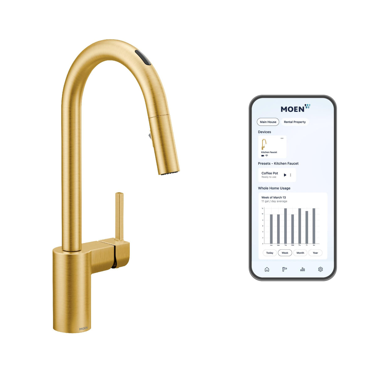 Moen Align Brushed Gold Smart Faucet Touchless Kitchen Faucet With Pull Down Sprayer, Modern Kitchen Sink Faucet With Voice Cont