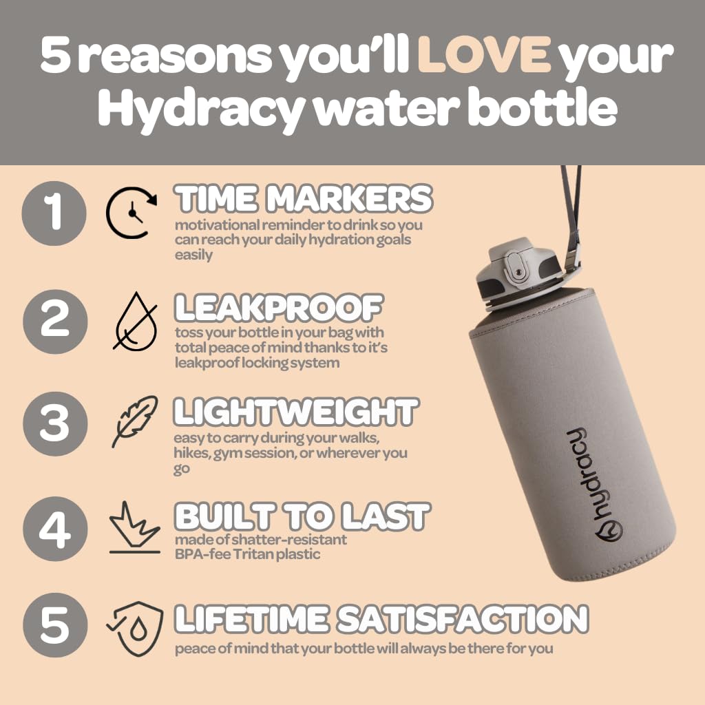 Hydracy Water Bottle with Times to Drink & Straw -Large Half Gallon 64 oz BPA Free Motivational Water Bottle & No Sweat Sleeve -Leak Proof Gym Bottle with Time Marker -Ideal Gift for Sports & Outdoors