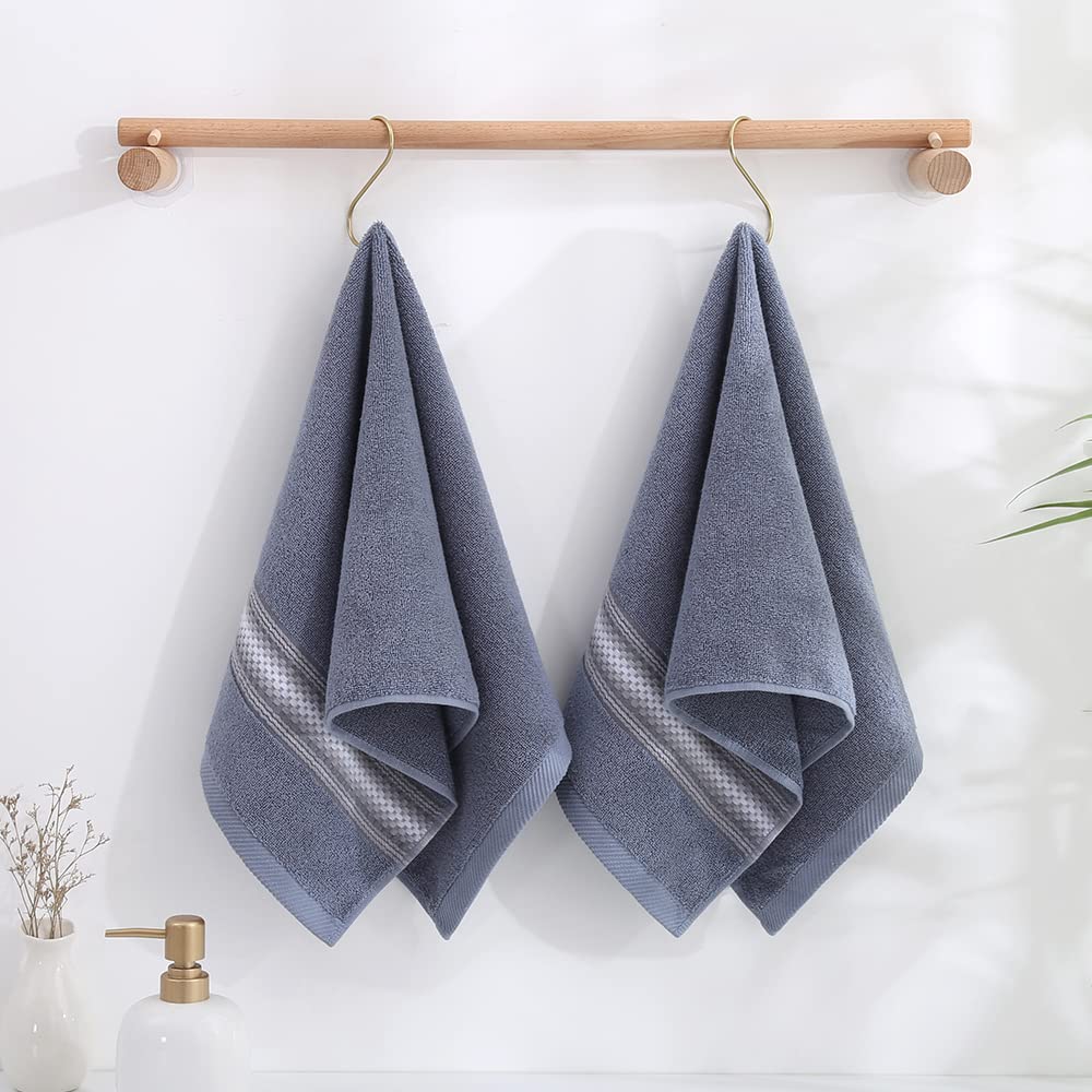 Yiluomo Blue Hand Towel Set Of 2 Soft 100% Cotton Textured Striped Pattern Highly Absorbent Decorative Hand Towels For Bathroom