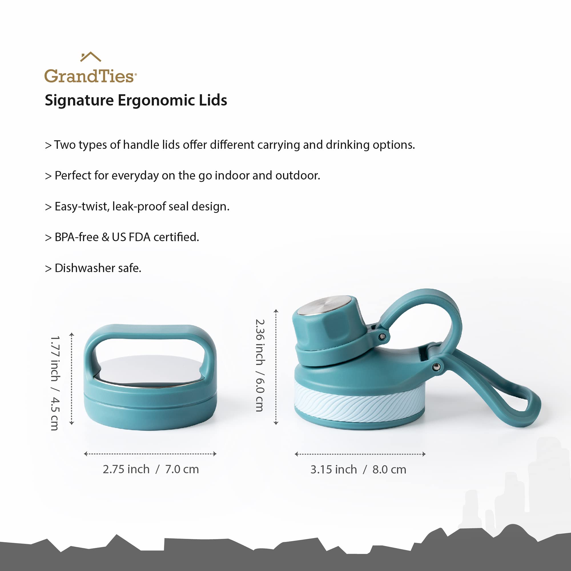 GrandTies 2 Lids Sports Stainless Steel Water Bottle- 32oz  Reusable Wide Mouth Vacuum Insulated Water Bottles  Travel Metal Canteen  Coldest Water bottle for Men and Women-Atlantis Blue