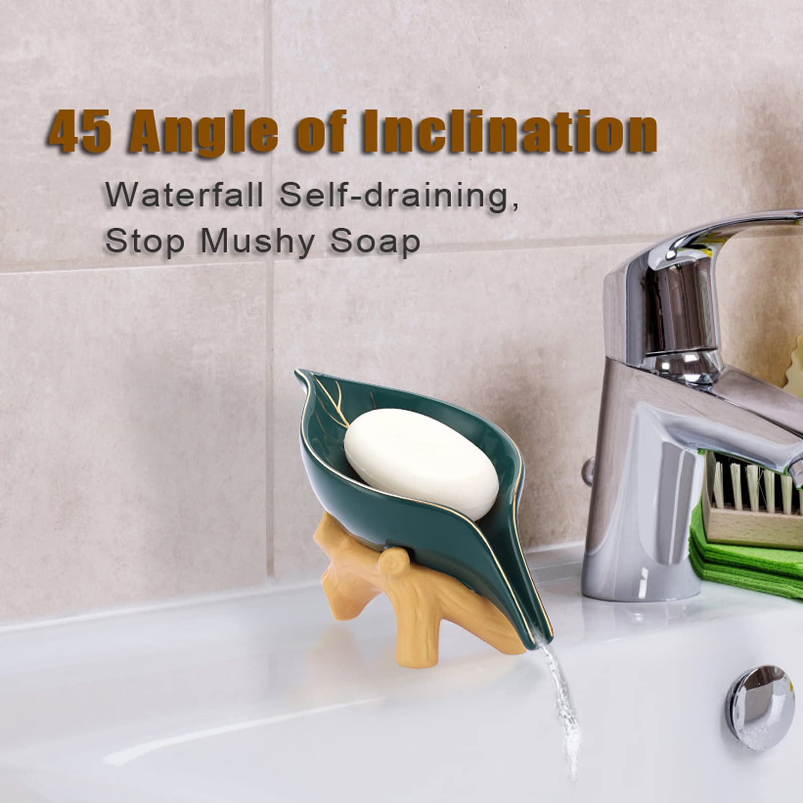 Juxyes Ceramic Soap Dish Holder Self Draining, Unique Waterfall Soap Dish Leaf Shape Decorative Soap Dish Tray Tabletop Drainabl