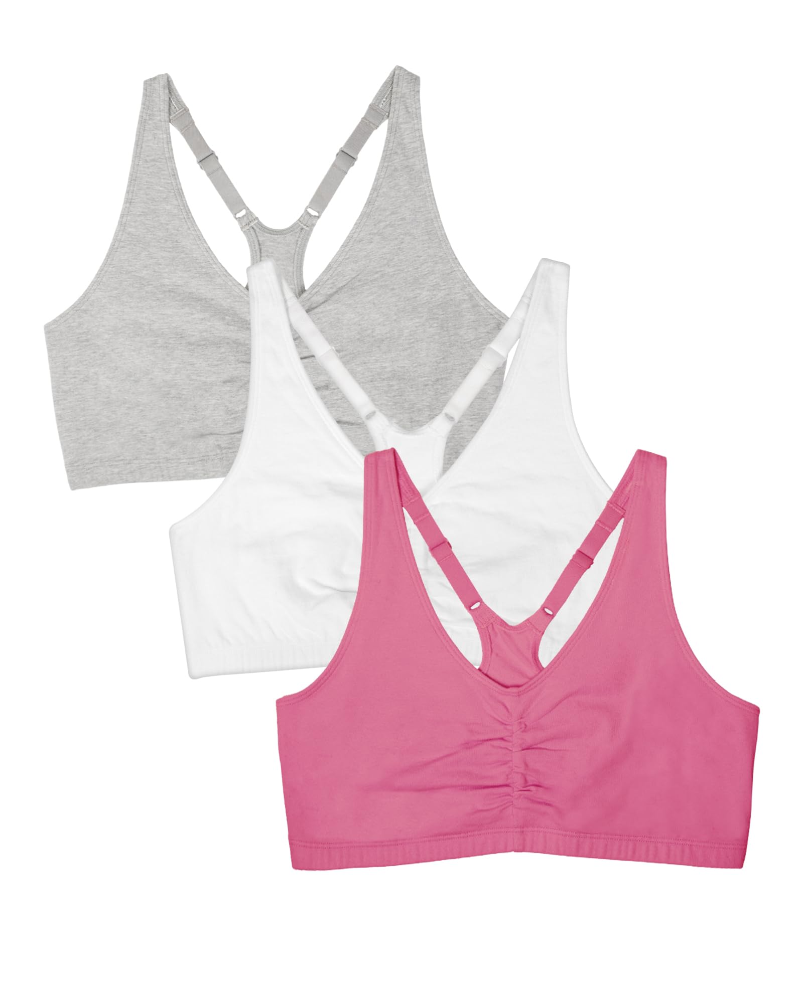 Fruit Of The Loom Womens Adjustable Shirred Front Racerback Sports Bra, Neon Pink Heatherwhitegrey - 3-Pack, 44 Us