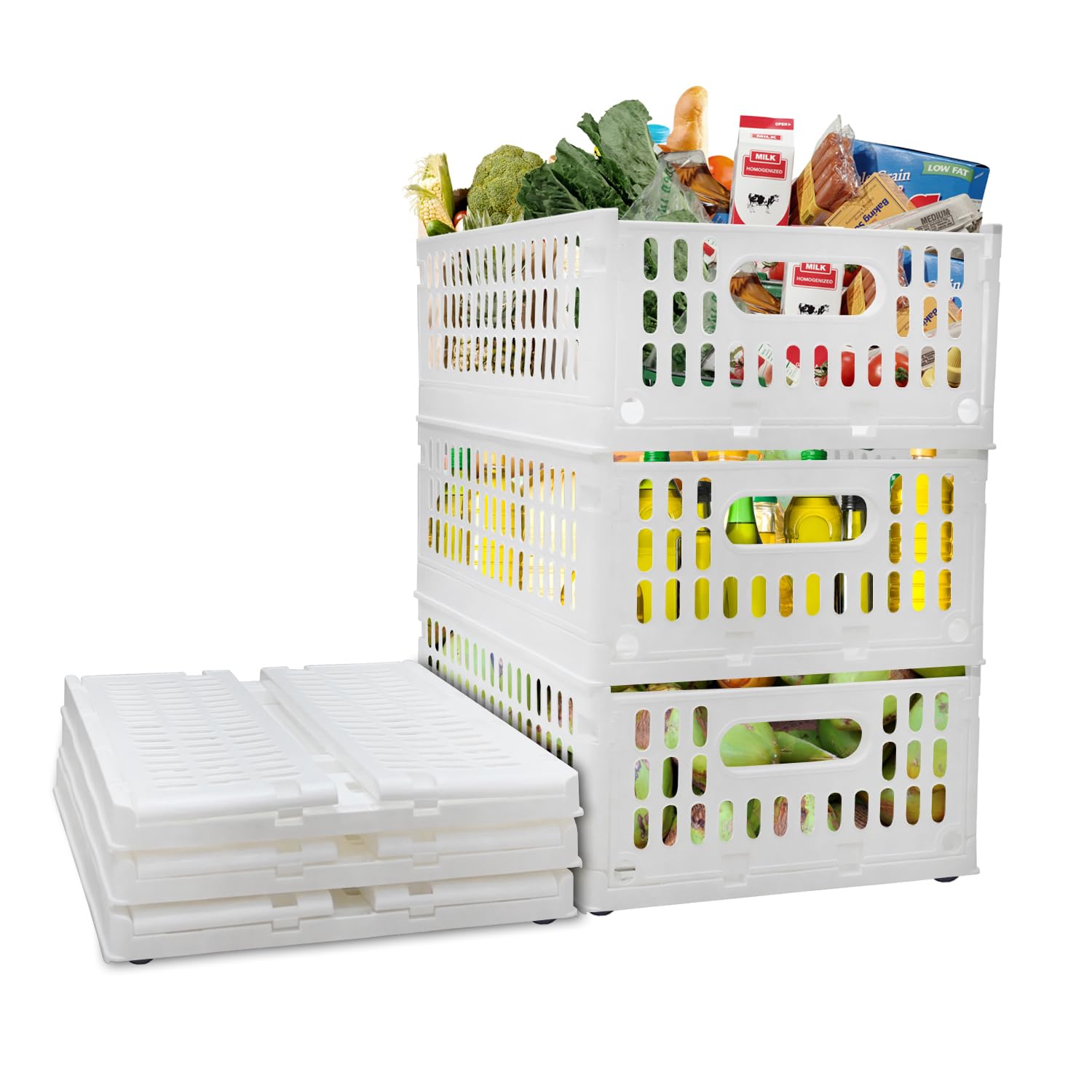 Aditya Polymers Foldable Stackable Plastic Storage Crates 10 Kg Capacity White | 3 Pc Set Collapsible Organizer Bins With Wheels