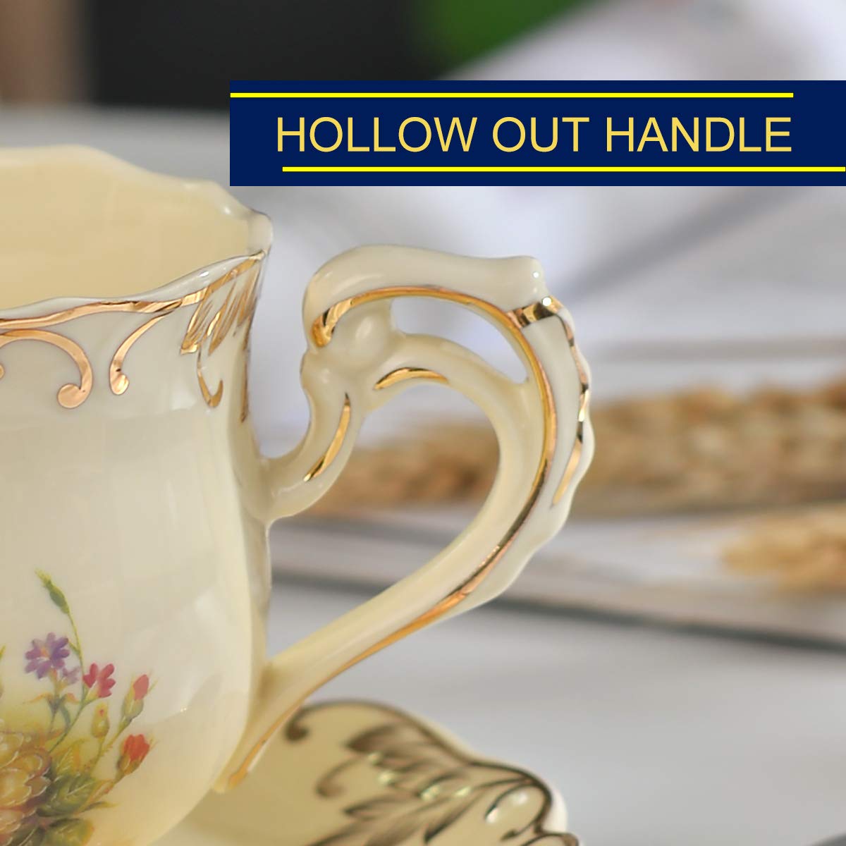 Yolife Tea Cups And Saucers Set Of 2, Porcelain Floral Tea Cups Set With Holder, Fancy Vintage Tea Cups 8 Oz