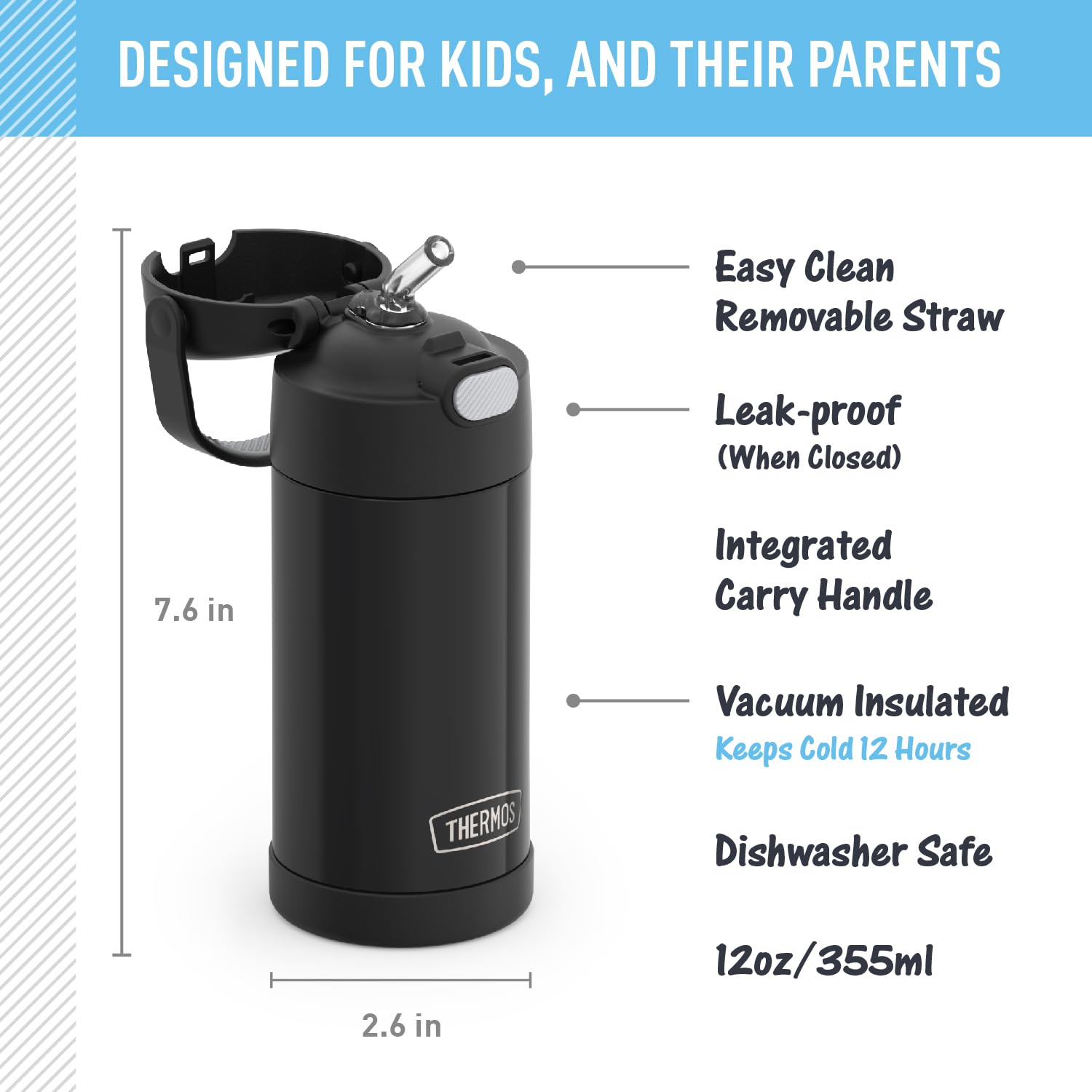 Thermos Funtainer Water Bottle With Straw - 12 Ounce - Kids Stainless Steel Vacuum Insulated Water Bottle With Lid, Black