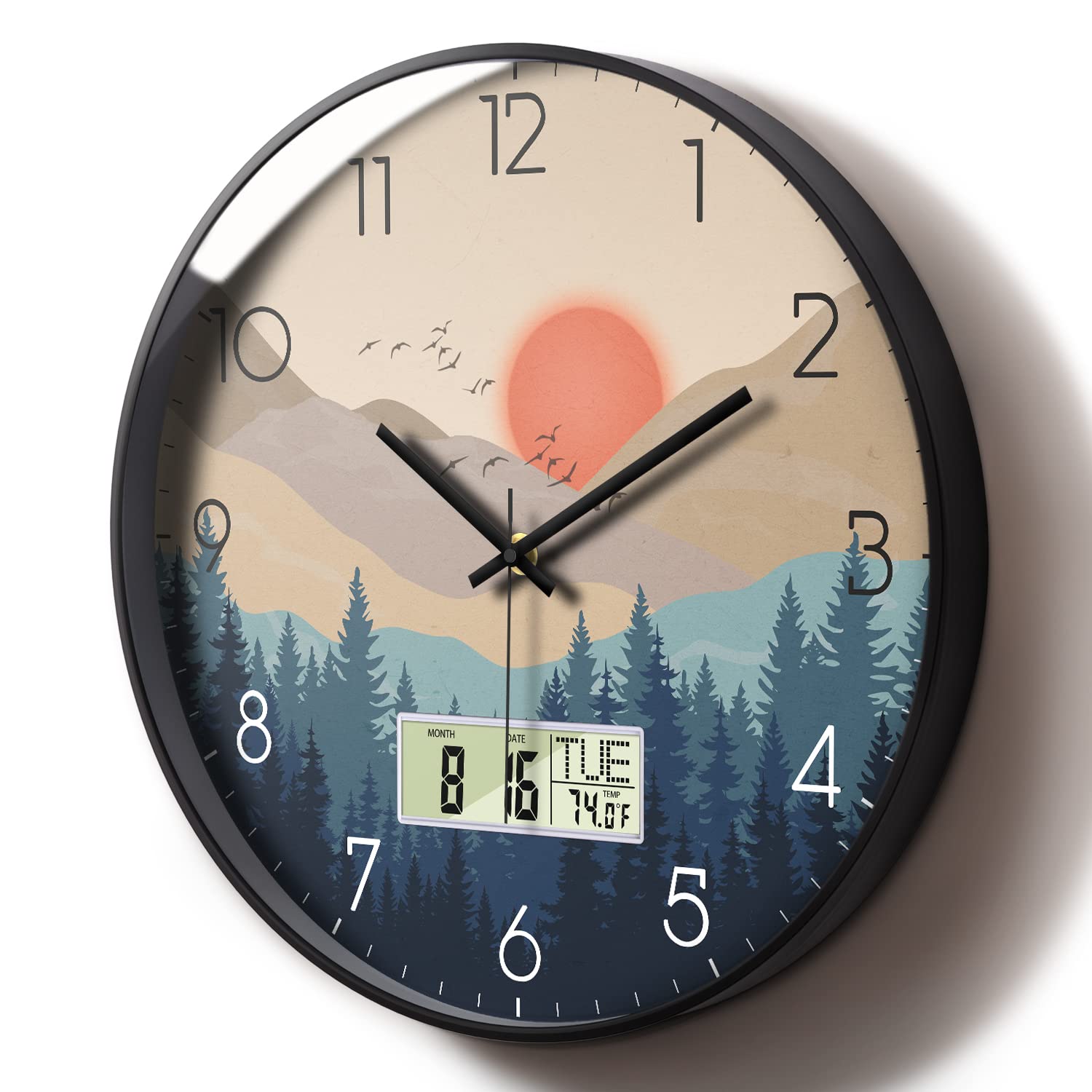 Scoage Silent Wall Clock With Temperature Day And Date Blue Mountain And Sea Beach Non-Ticking Kitchen Clock Digital Large Displ