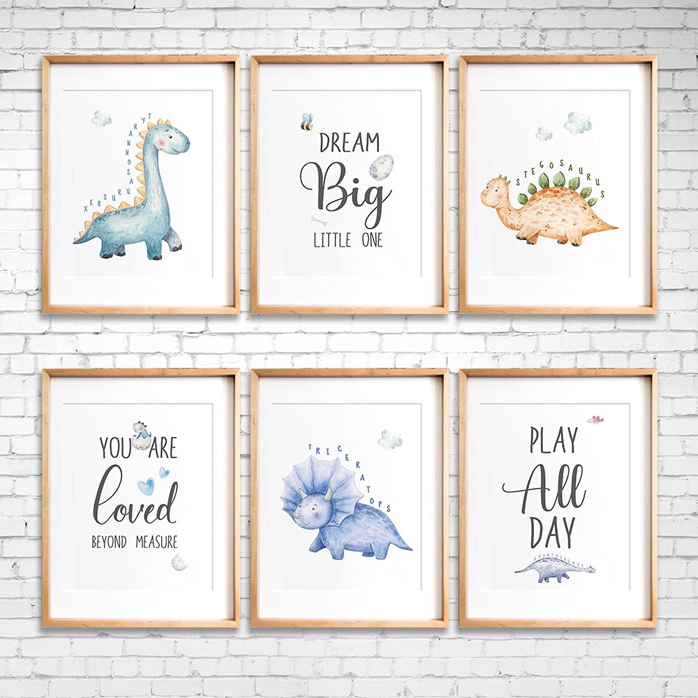 Suuura-Oo Dream Big Cute Baby Dinosaur Watercolor Art Print, Set Of 6 (8   X10   ) Dinosaur Inspirational Decor, Dinosaur Love Q