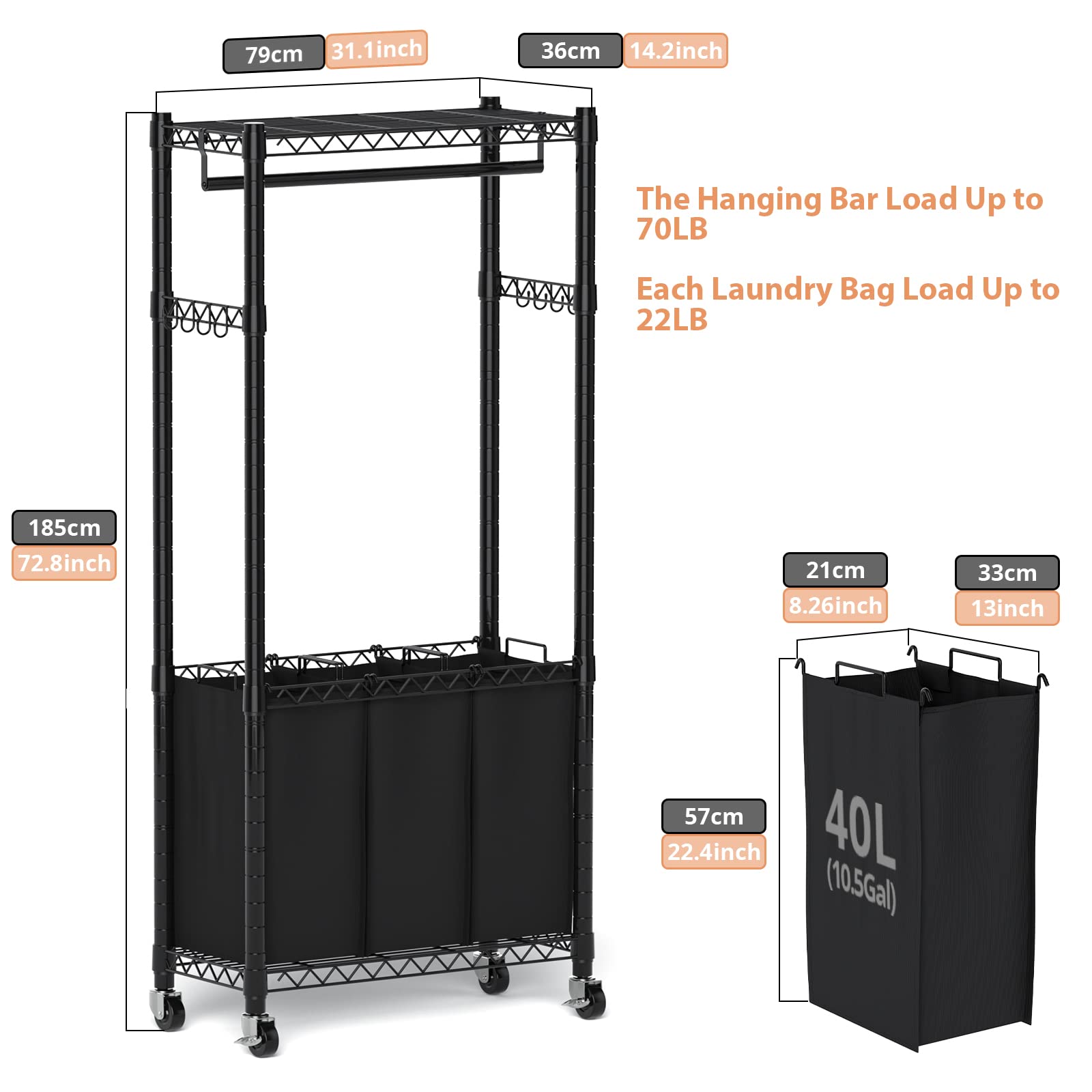 Hodonas Rolling Laundry Basket Organizer With Wheels And Hanging Bar, Laundry Hamper Cart Laundry Sorter 3 Section, Dirty Clothe