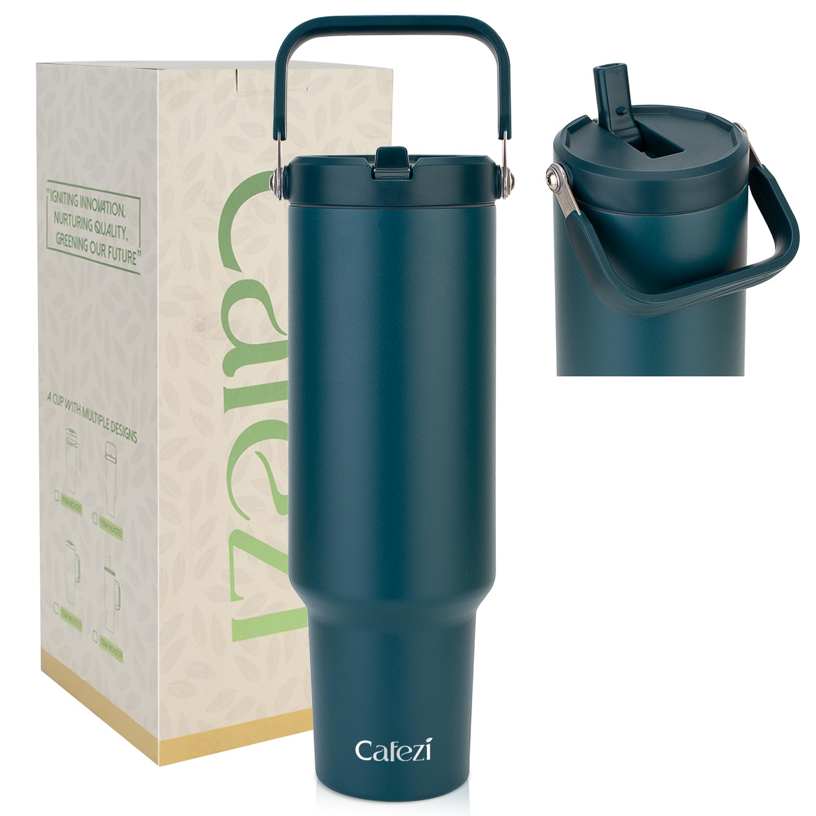 Cafezi 50oz Tumbler with Lid and Straw, Stainless Steel Water Bottles with Flip Straw and Top Handle, Leak Proof, Fits in Cup Ho