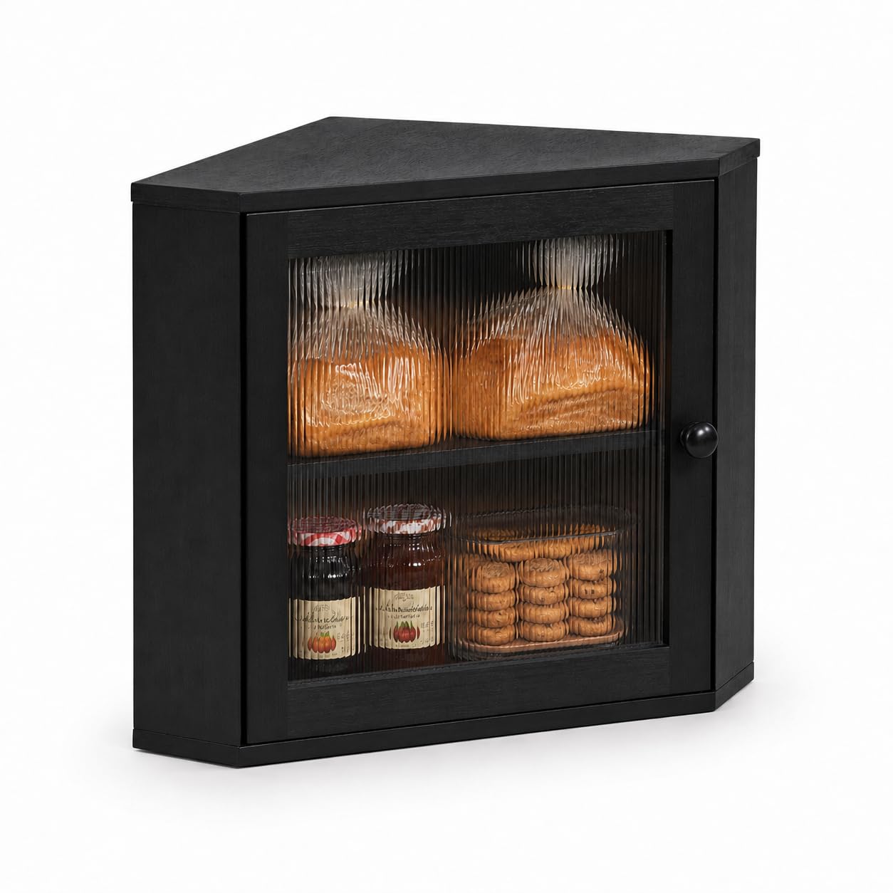 Plusinthebox Black Corner Bread Box, 2 Tier Bamboo Countertop Kitchen Organizer with Fluted Clear Door, Bread Storage for Bread,