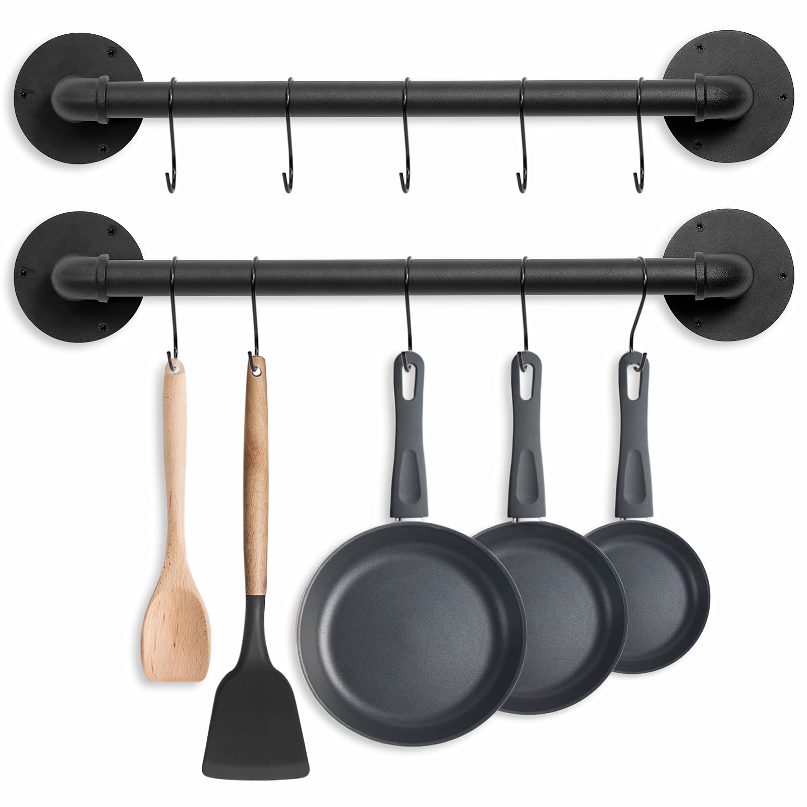 Boshangjia Pot Pan Rack Wall Mounted Set of 2, 21 Industrial Pipe Utensils Hanger Holder Pots Storage Organizer Iron Detachable