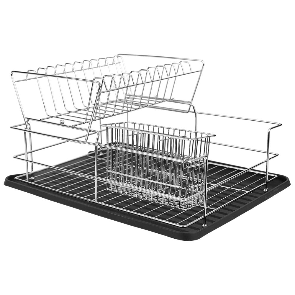 Home Basics Black Kitchen Sink Countertop 2 Tier Dish Rack And Draining Board Cutlery Holder, Fits Large Plates, Dry & Drip Tray