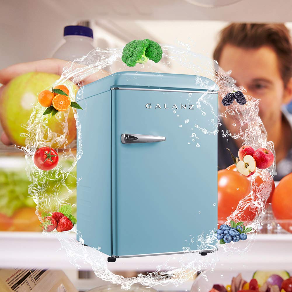 Galanz Glr25Mber10 Retro Compact Refrigerator, Mini Fridge With Single Doors, Adjustable Mechanical Thermostat With Chiller, Blu