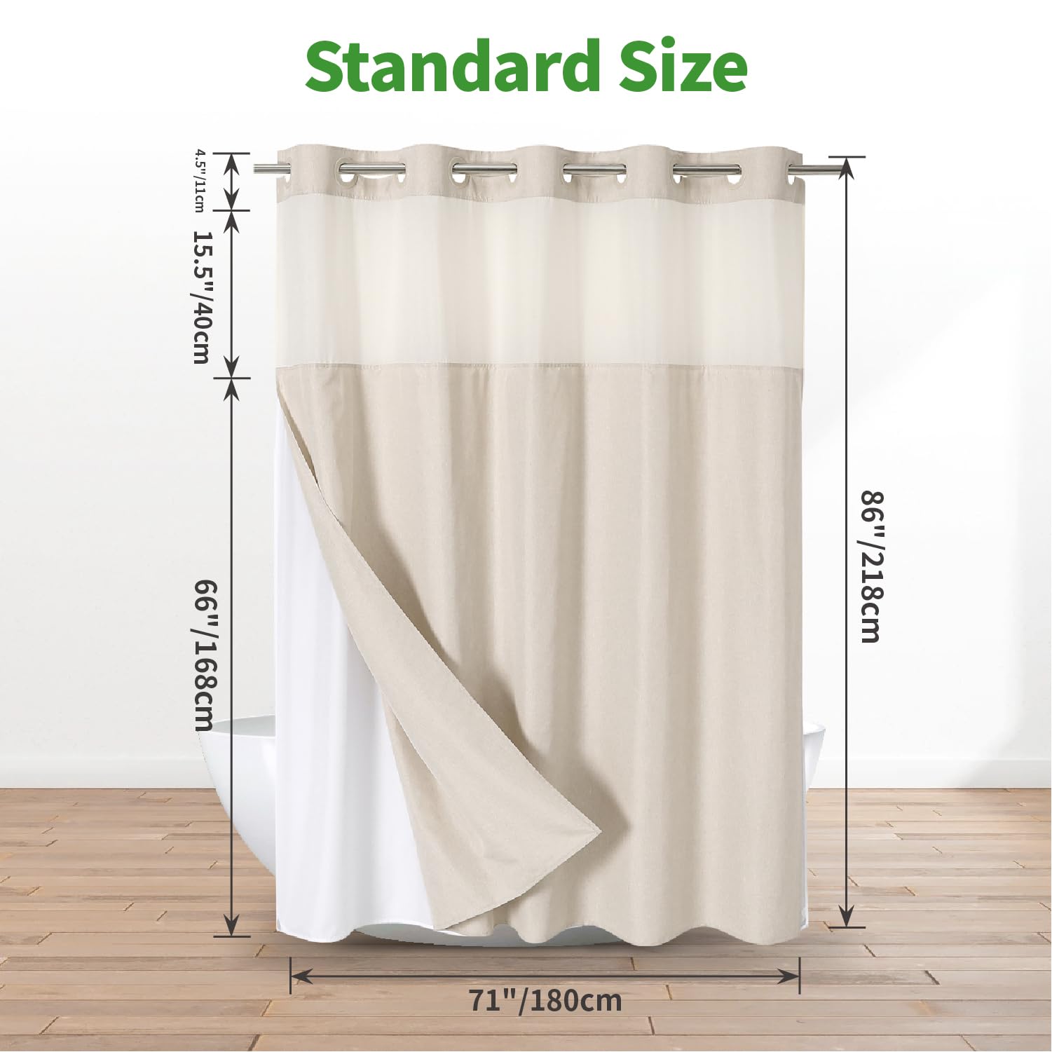Eachope Extra Long No Hooks Needed Linen Textured Shower Curtain With Snap-In Fabric Liner Set,Cream Hotel Luxury Decor Shower C