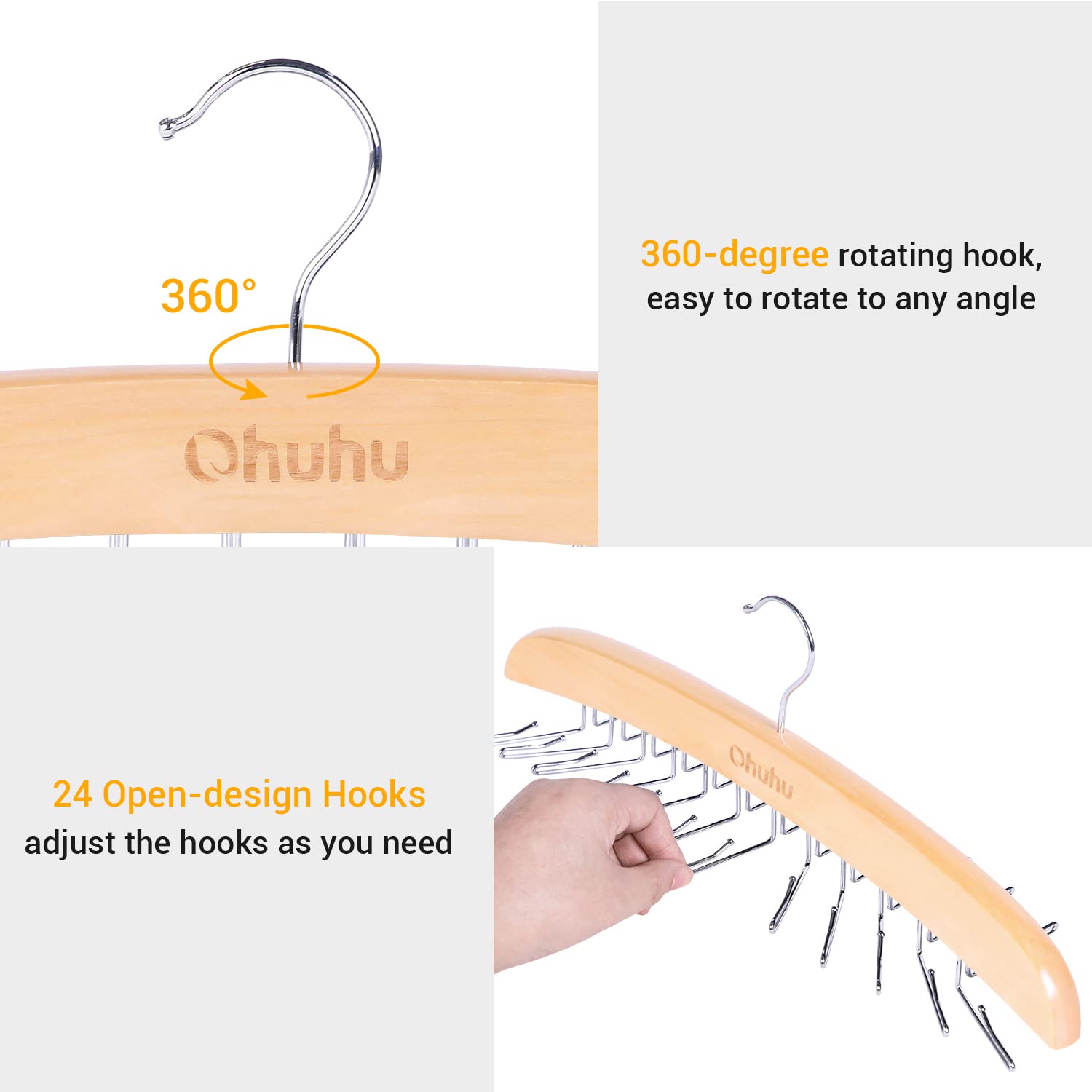 Ohuhu Tie Rack Hanger For Closet, Wooden Tie Holder Organizer Necktie Storage With 24 Folding Hooks, 360 Degree Rotating Tie Rac
