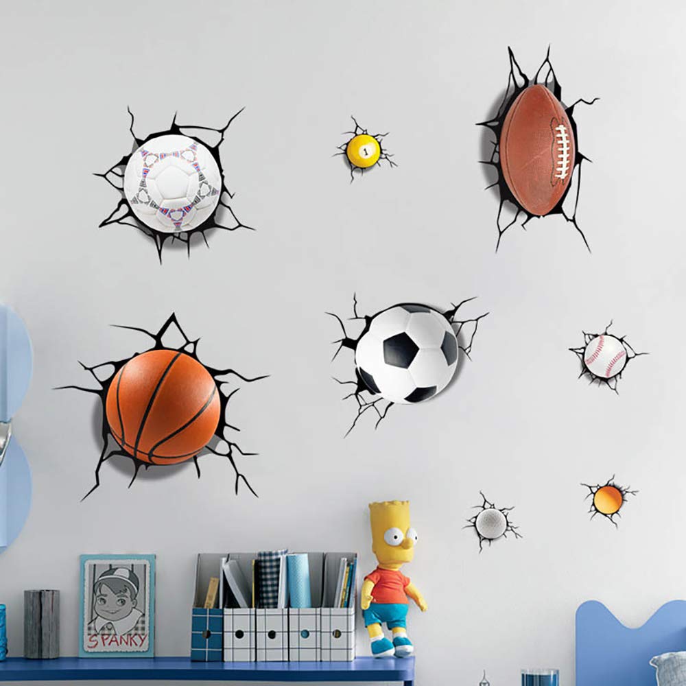 Supzone Sport Balls Wall Decals 3D Wall Stickers Break Through The Wall Removable Vinyl Diy Basketball Rugby Baseball Football W