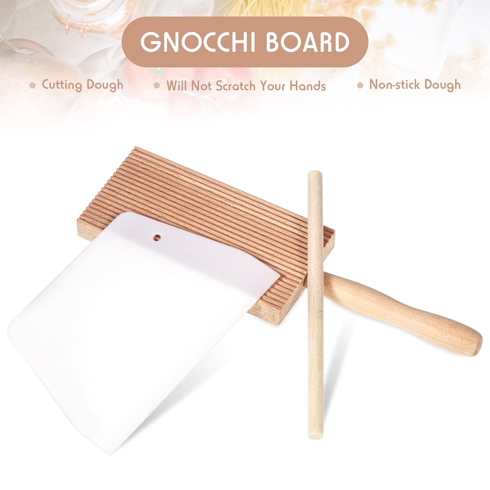 4 Pieces Gnocchi Board Set, Includes Plastic Trapezoidal Baking Scraper, Gnocchi Pasta Board Stripper Paddle, Dowel Wood Rolling