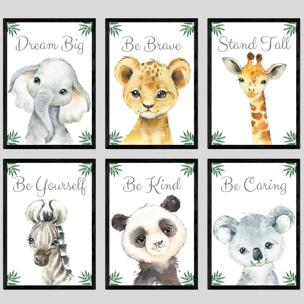 Baby Safari Animals For Girl Or Boy Nursery Bedroom, Set Of 6 Unframed Wall Art Prints, Jungle Leaves Quote Posters, Nursery Dec