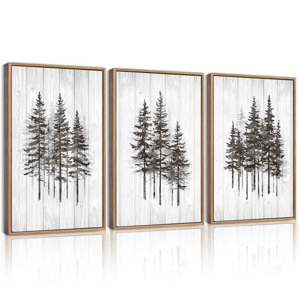 Kuvioke Woodcut Pine Tree Framed Wall Art Nature Abstract Forest Wall Decor Rustic Minimalist Painting For Bedroom Dining Room 1